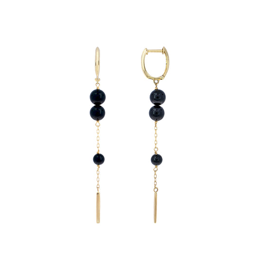 14k Black Onyx Gold Bar Huggie Hoop Dangle Earring