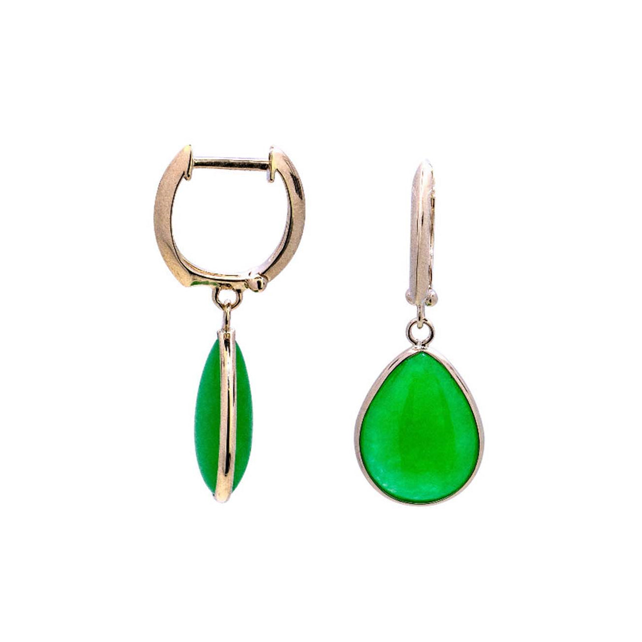 14k Green Jade Pear Shape Huggie Hoop Dangle Earring