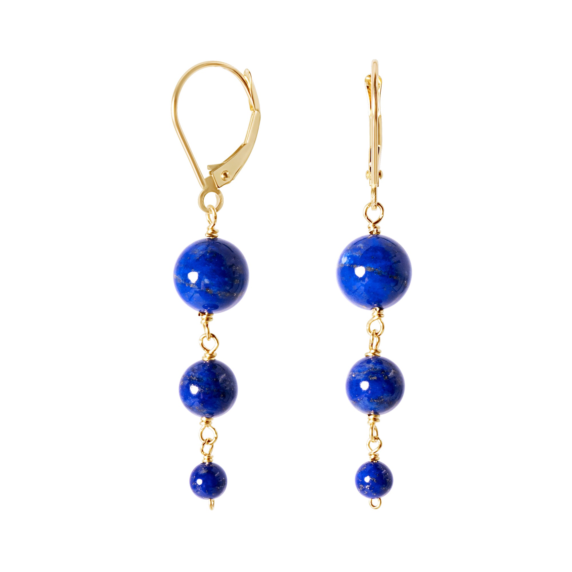 14k Graduated Ball Drop Leverback Earrings Lapis