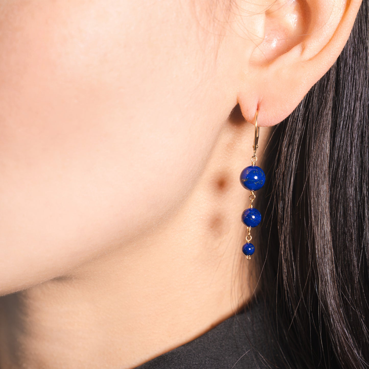 14k Graduated Ball Drop Leverback Earrings Lapis