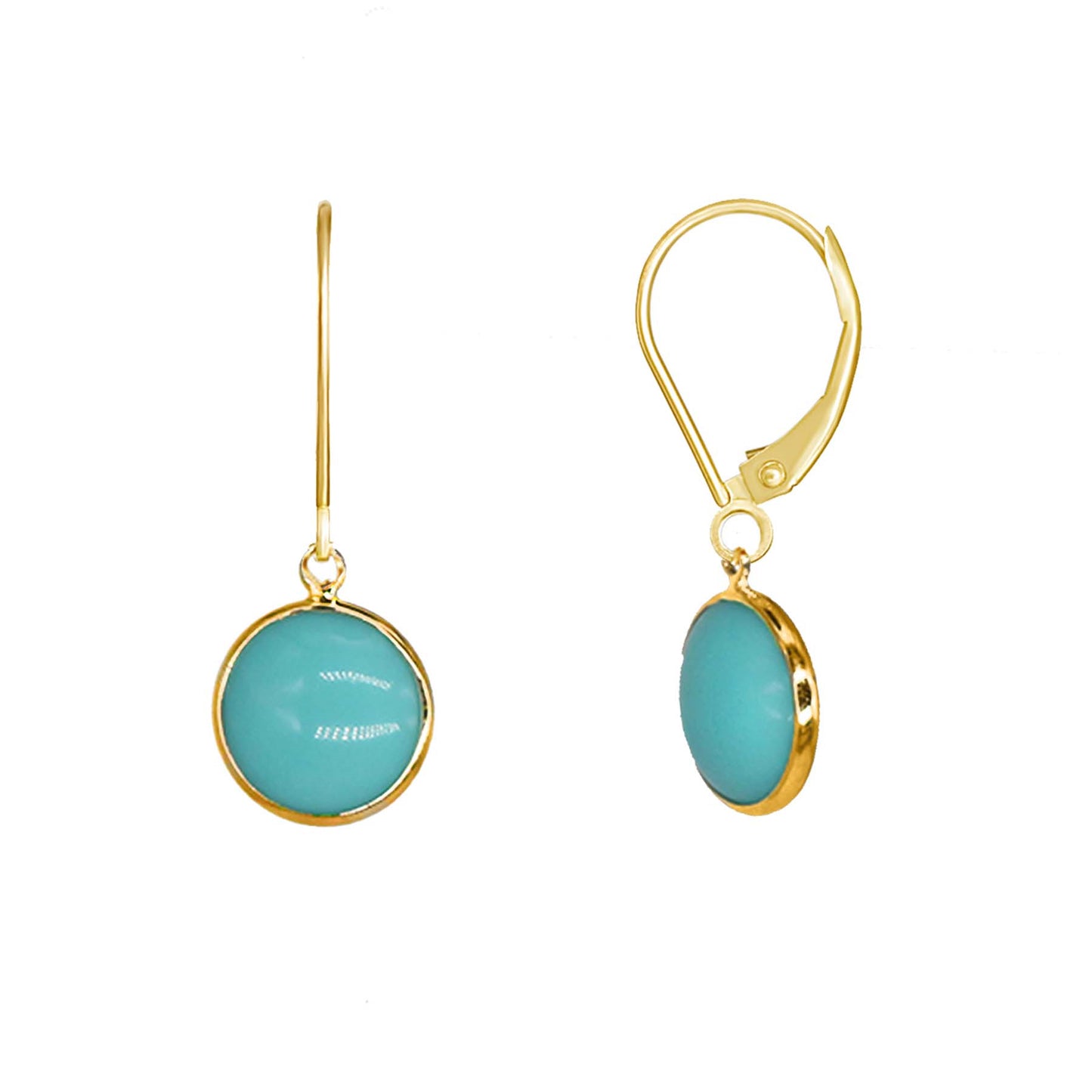 14k Stabilized Turquoise Round Bezel Drop Leverback Earring