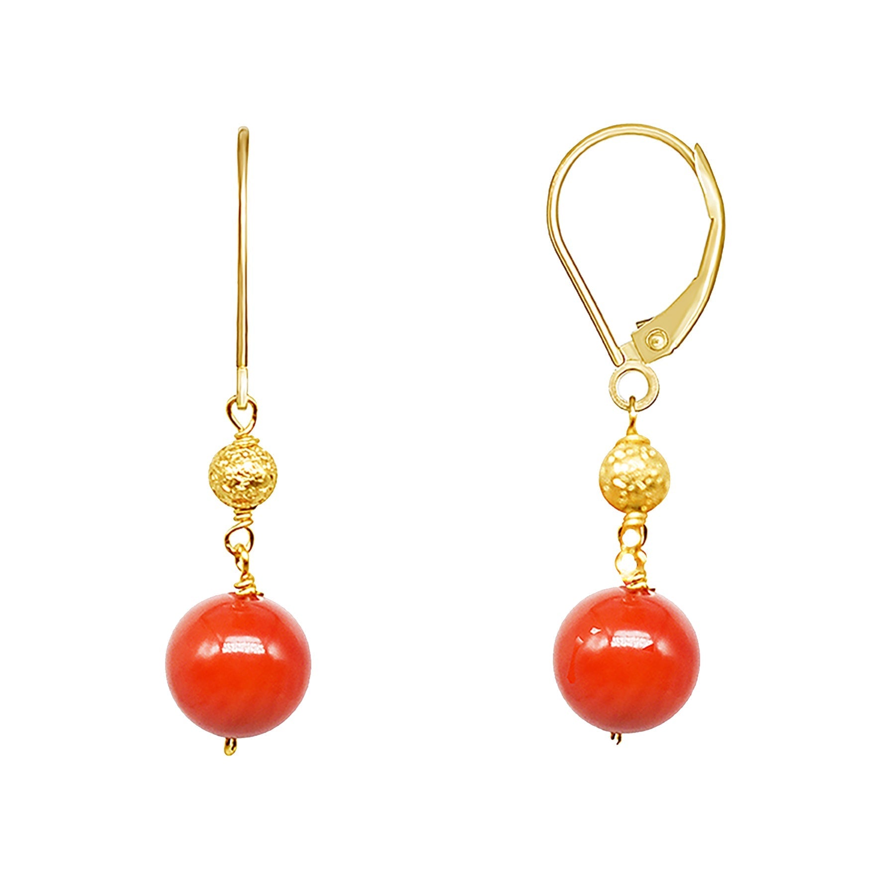14k Red Coral Gold Ball Leverback Earring freeshipping - Jewelmak Shop