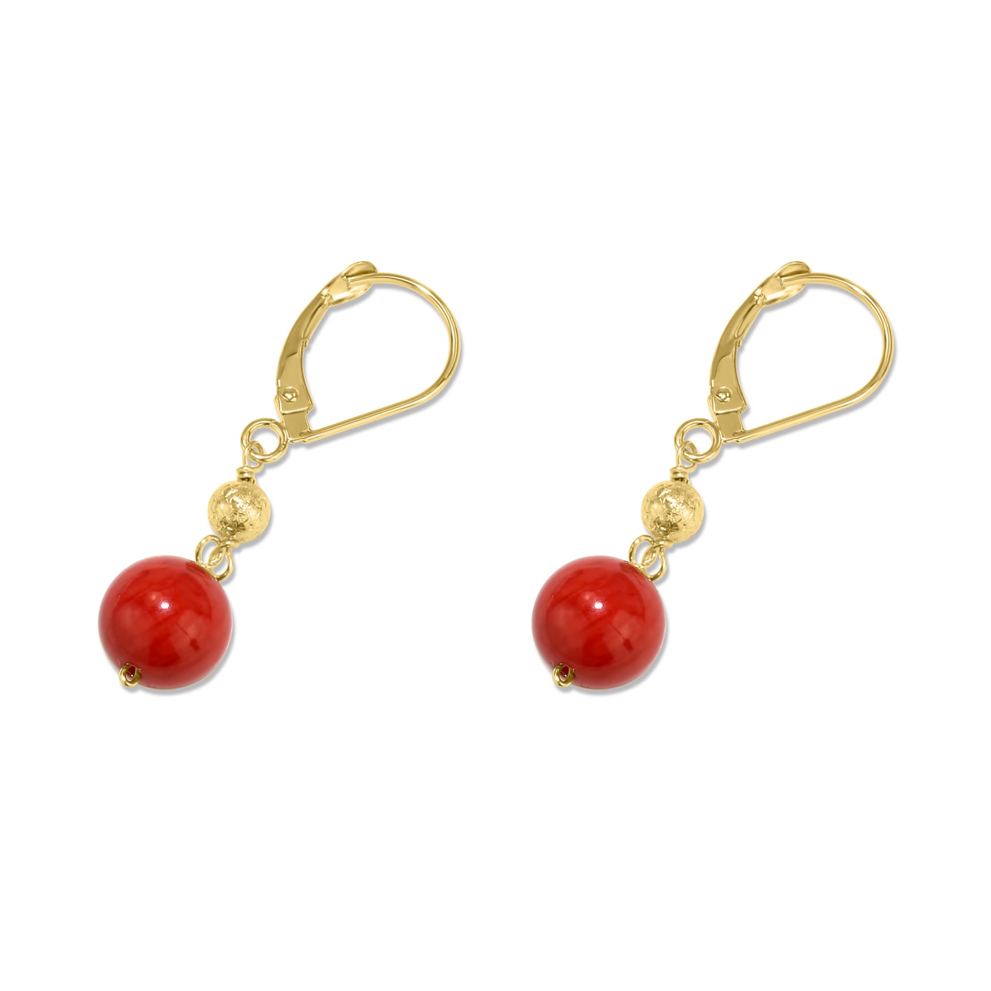 14k Red Coral Gold Ball Leverback Earring