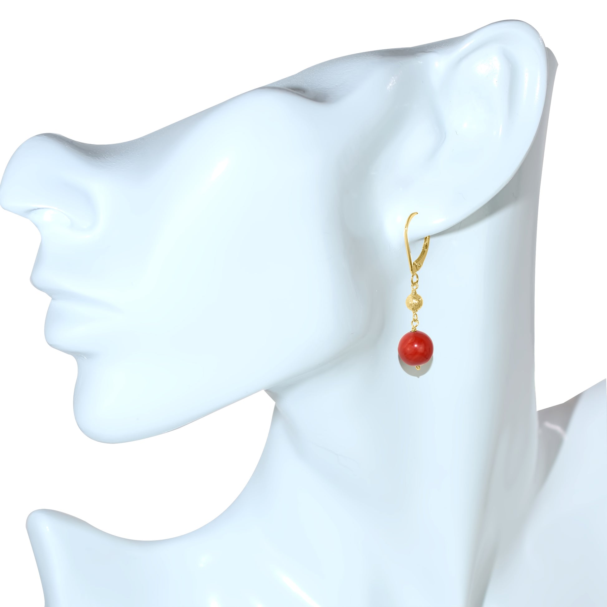 14k Red Coral Gold Ball Leverback Earring