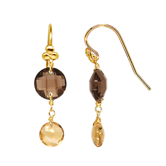 14k Smoky Quartz Citrine Coin 3-Ball Hook Earring