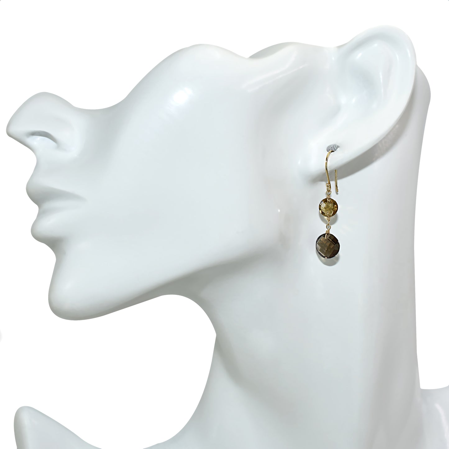 14k Whisky And Smoky Quartz Coin Hook Earring
