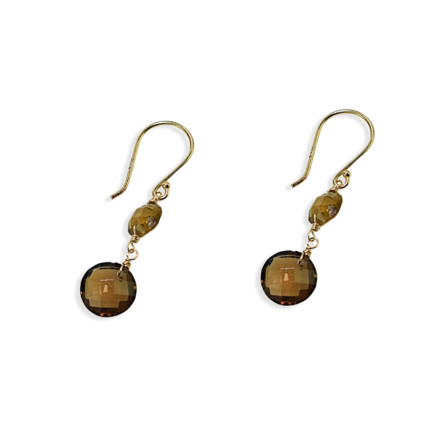 14k Whisky And Smoky Quartz Coin Hook Earring