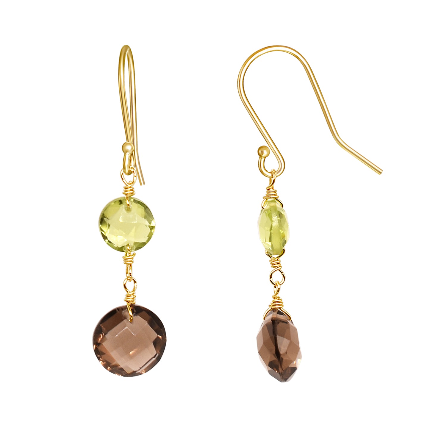 14k Peridot Smoky Quartz Coin Hook Earring