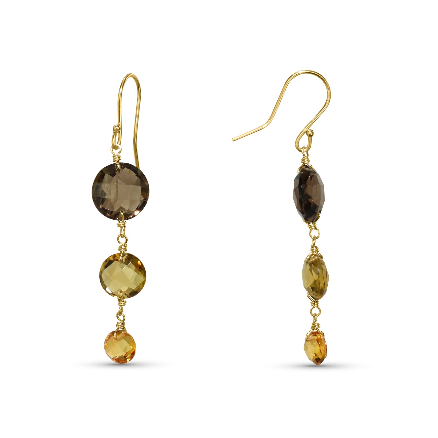 14k Smoky Whisky Quartz Citrine Coin Hook Earring