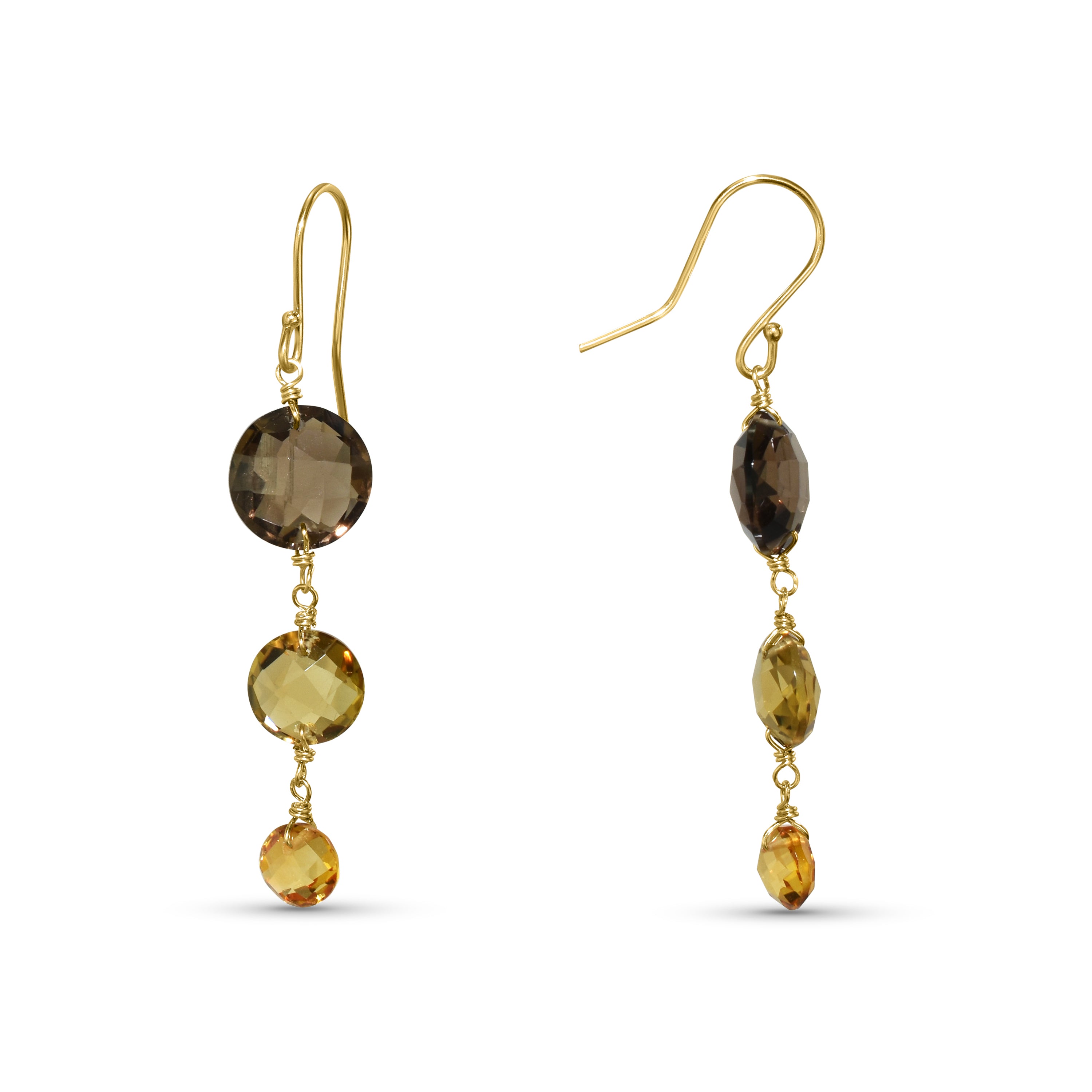 14k Smoky Whisky Quartz Citrine Coin Hook Earring