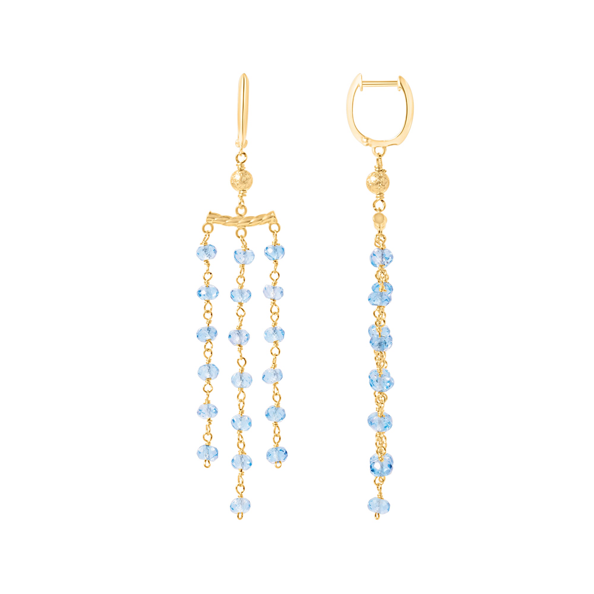 14k Gemstone Roundel 3 Row Link Chandelier Huggie Hoop Earring Swiss Blue Topaz