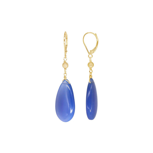14k Blue Chalcedony Pear Gold Ball Leverback Earring