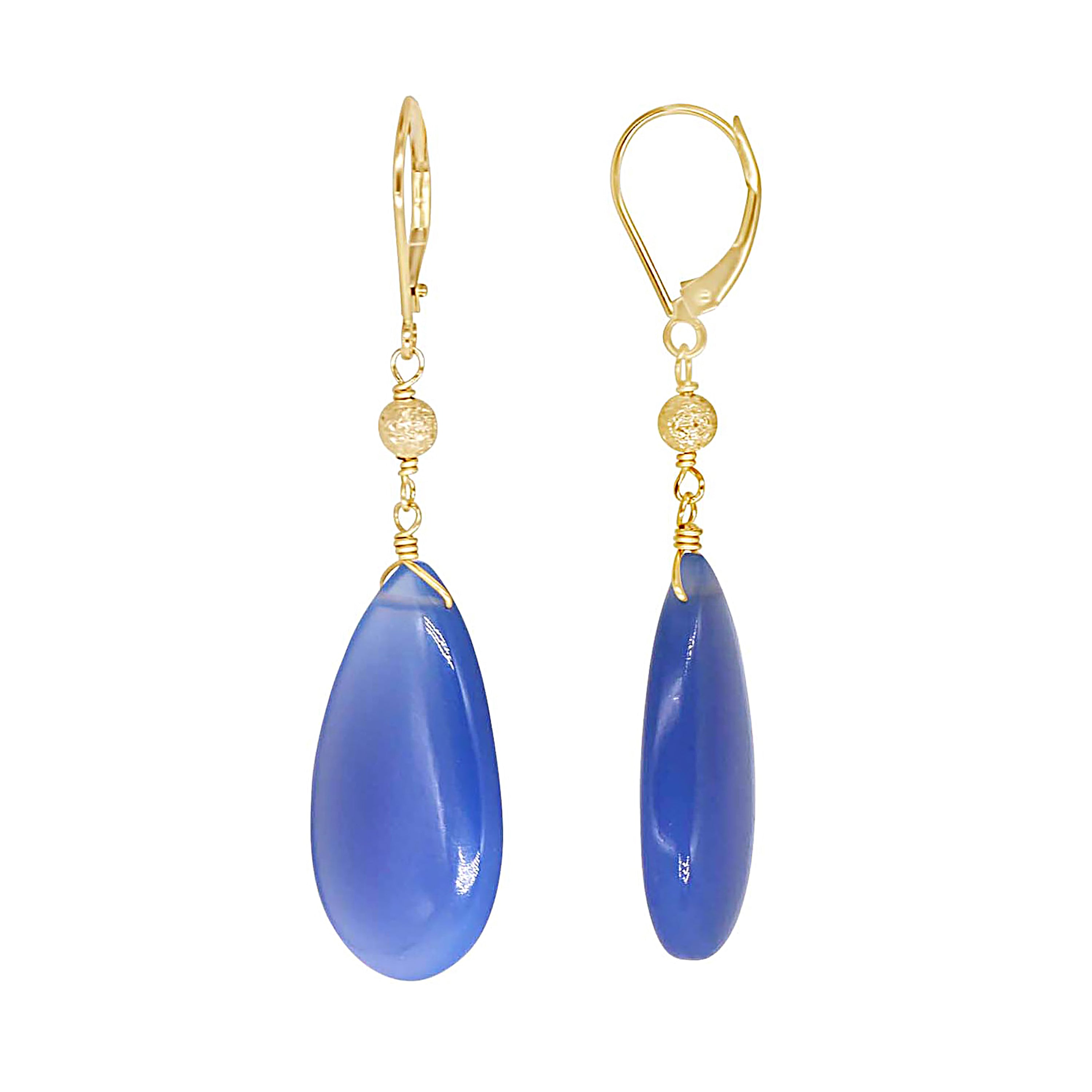14k Blue Chalcedony Pear Gold Ball Leverback Earring