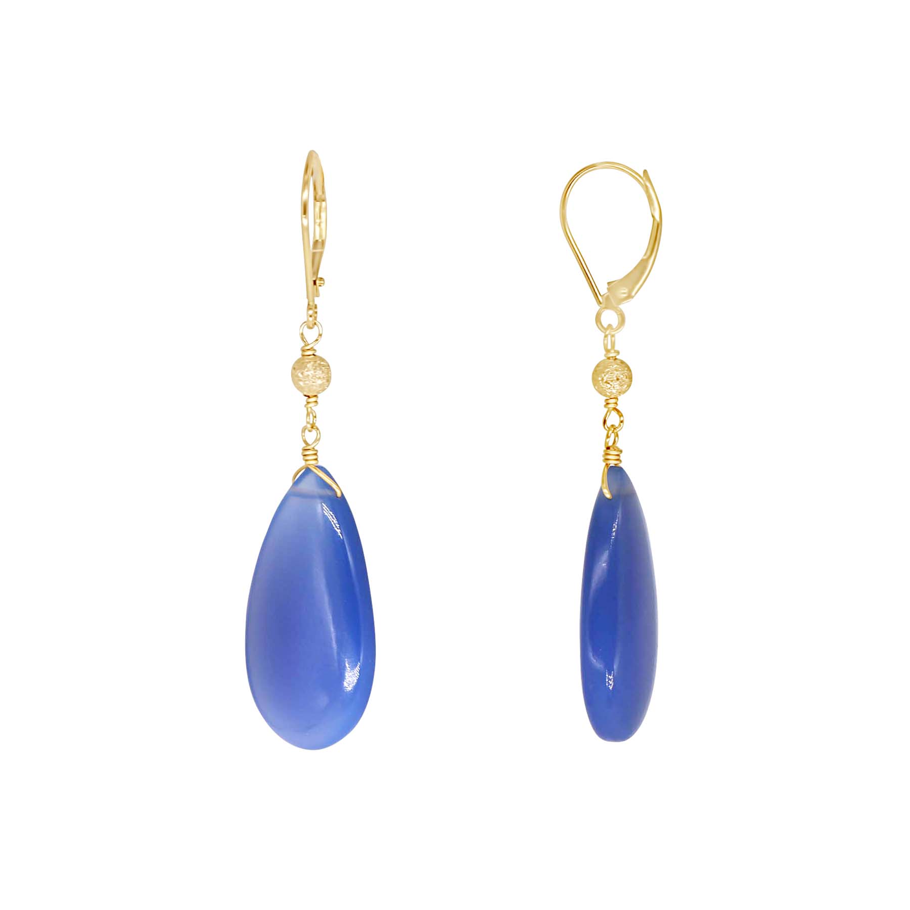 14k Blue Chalcedony Pear Gold Ball Leverback Earring freeshipping - Jewelmak Shop
