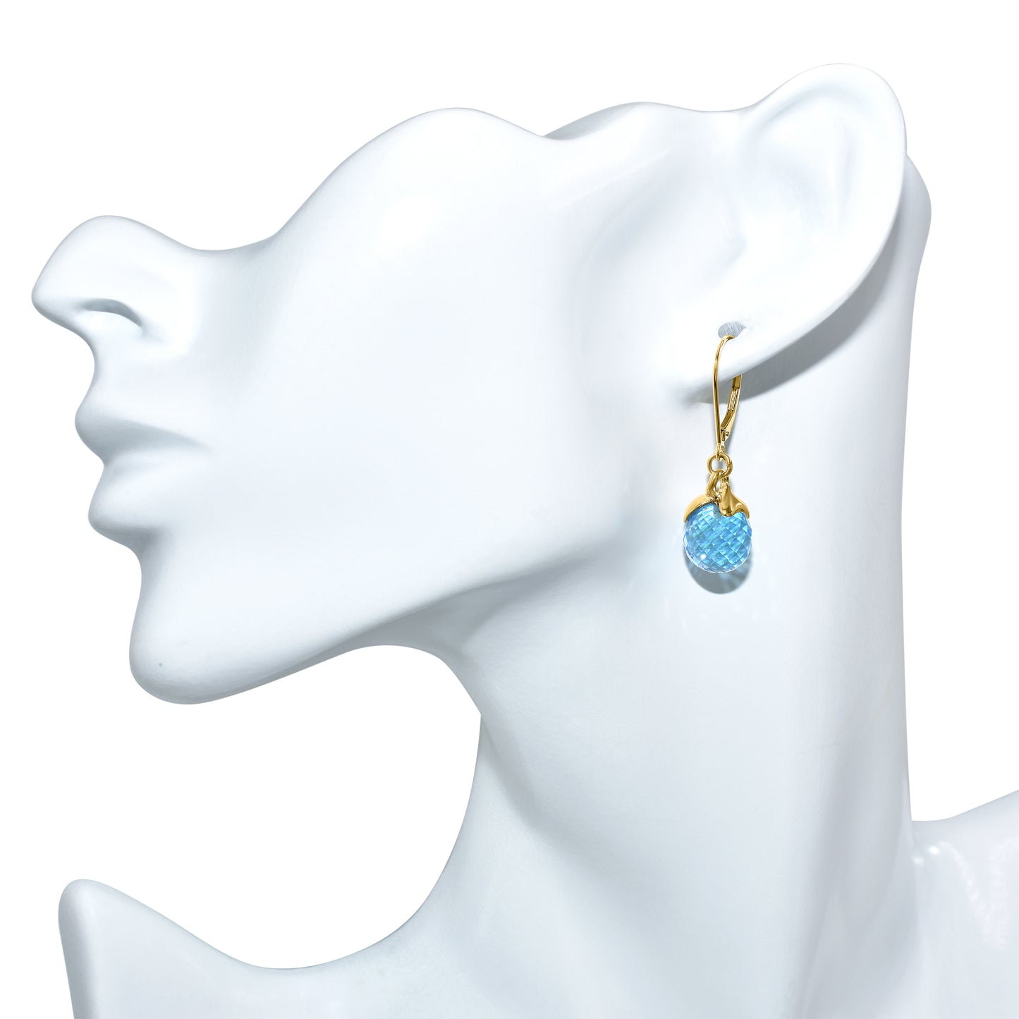 14k Swiss Blue Topaz with Gold Fancy Cap Leverback Earring