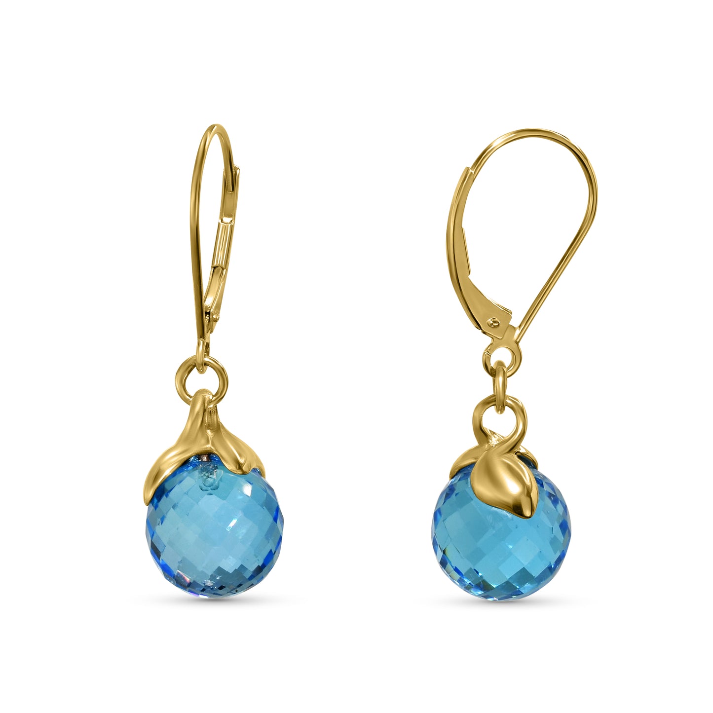 14k Swiss Blue Topaz with Gold Fancy Cap Leverback Earring