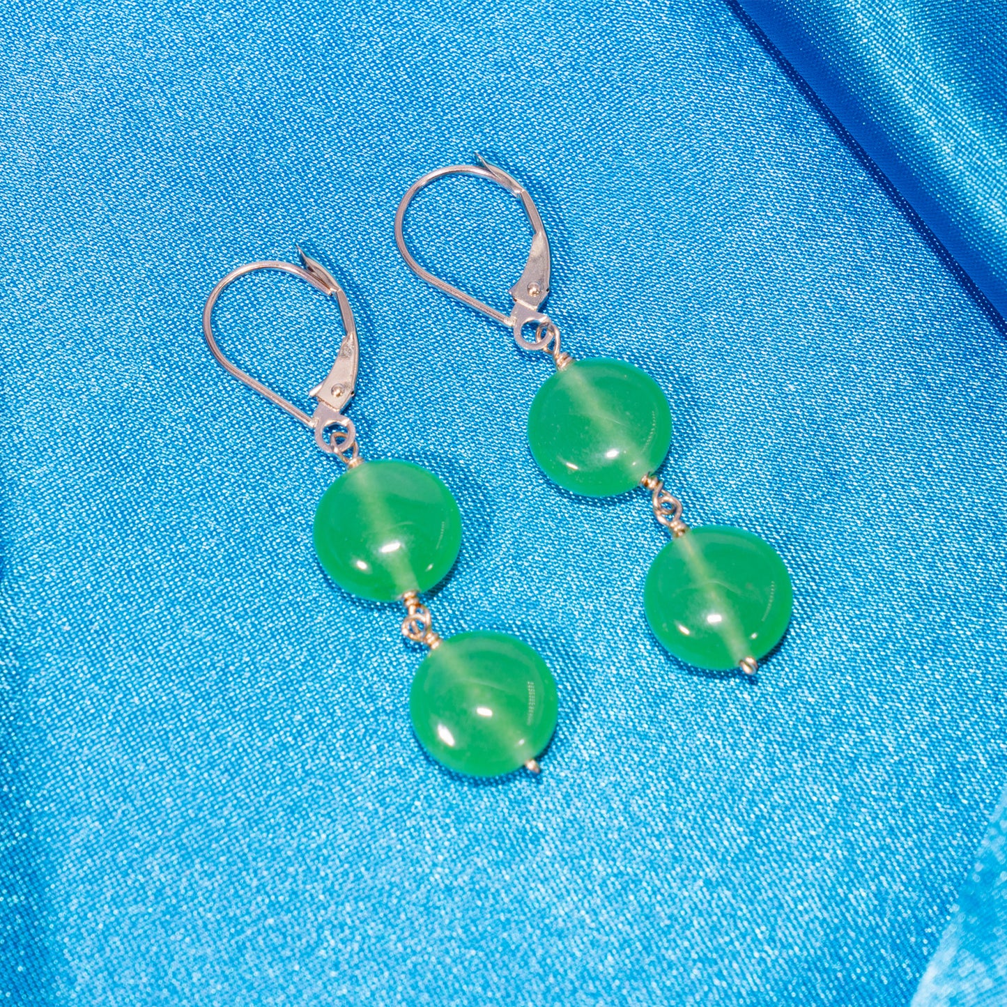 14k Green Jade Double Coin Leverback Earring
