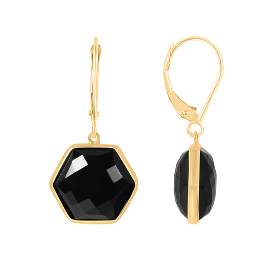 14k Yellow Gold Black Onyx Hexagon Leverback Earring