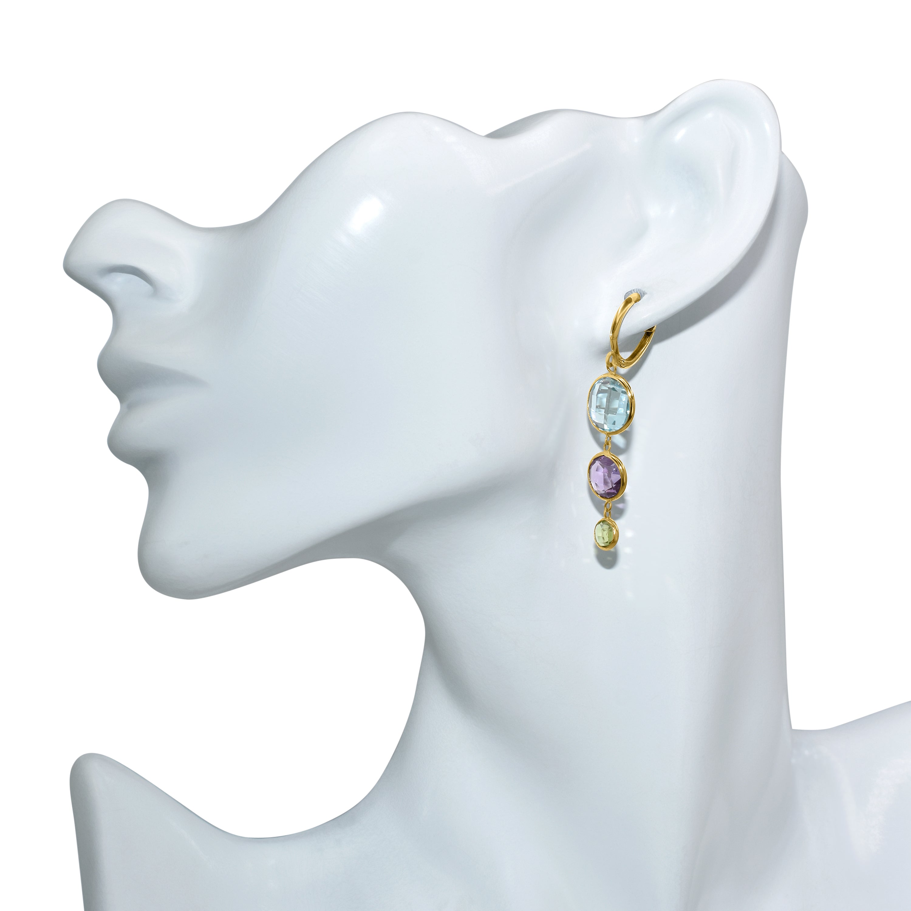 14k Multi Gemstone Triple Round Bezel Hoop Earring