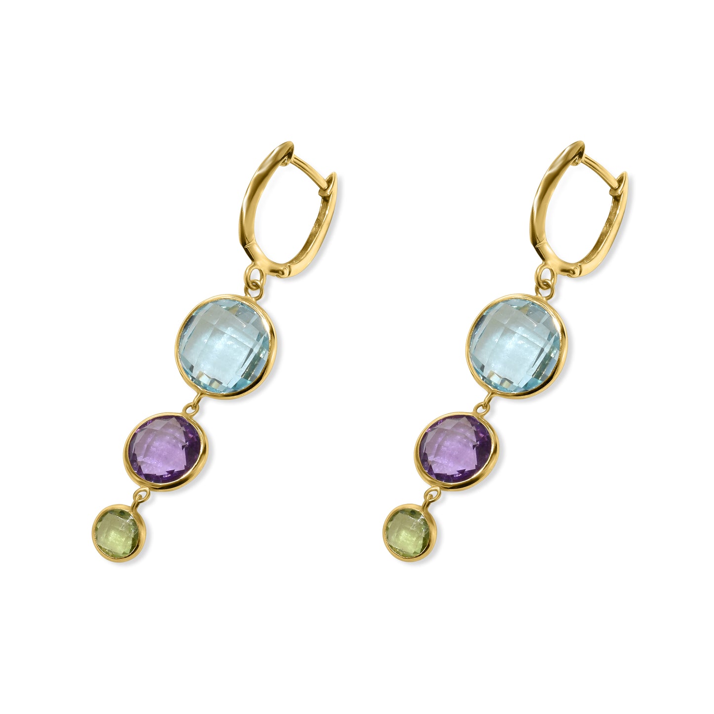 14k Multi Gemstone Triple Round Bezel Hoop Earring