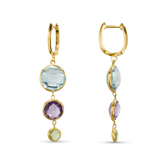 14k Multi Gemstone Triple Round Bezel Hoop Earring