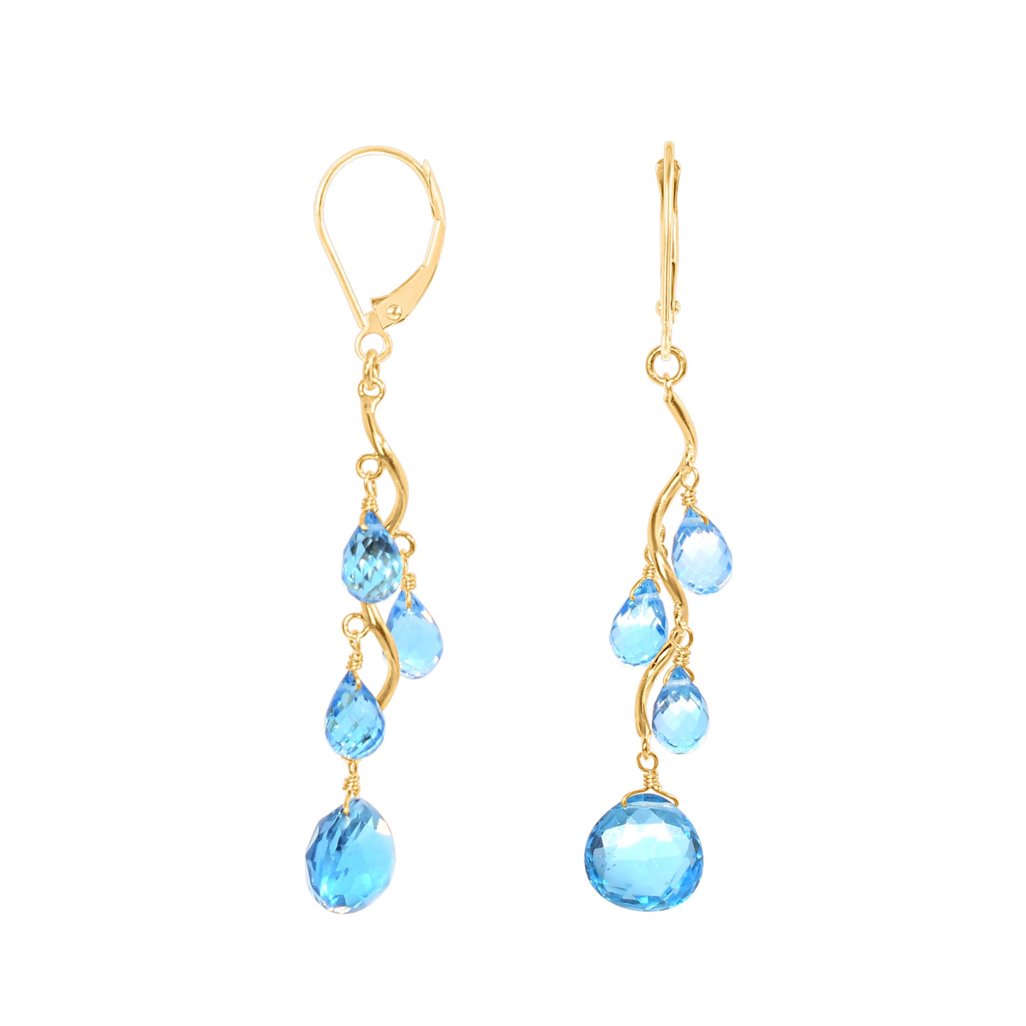 14k Gesmtone Wavy Drop Leverback Earring Swiss Blue Topaz