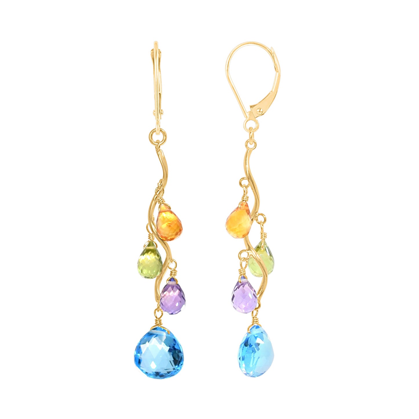 14k Multi Gemstone Wavy Drop Leverback Earring