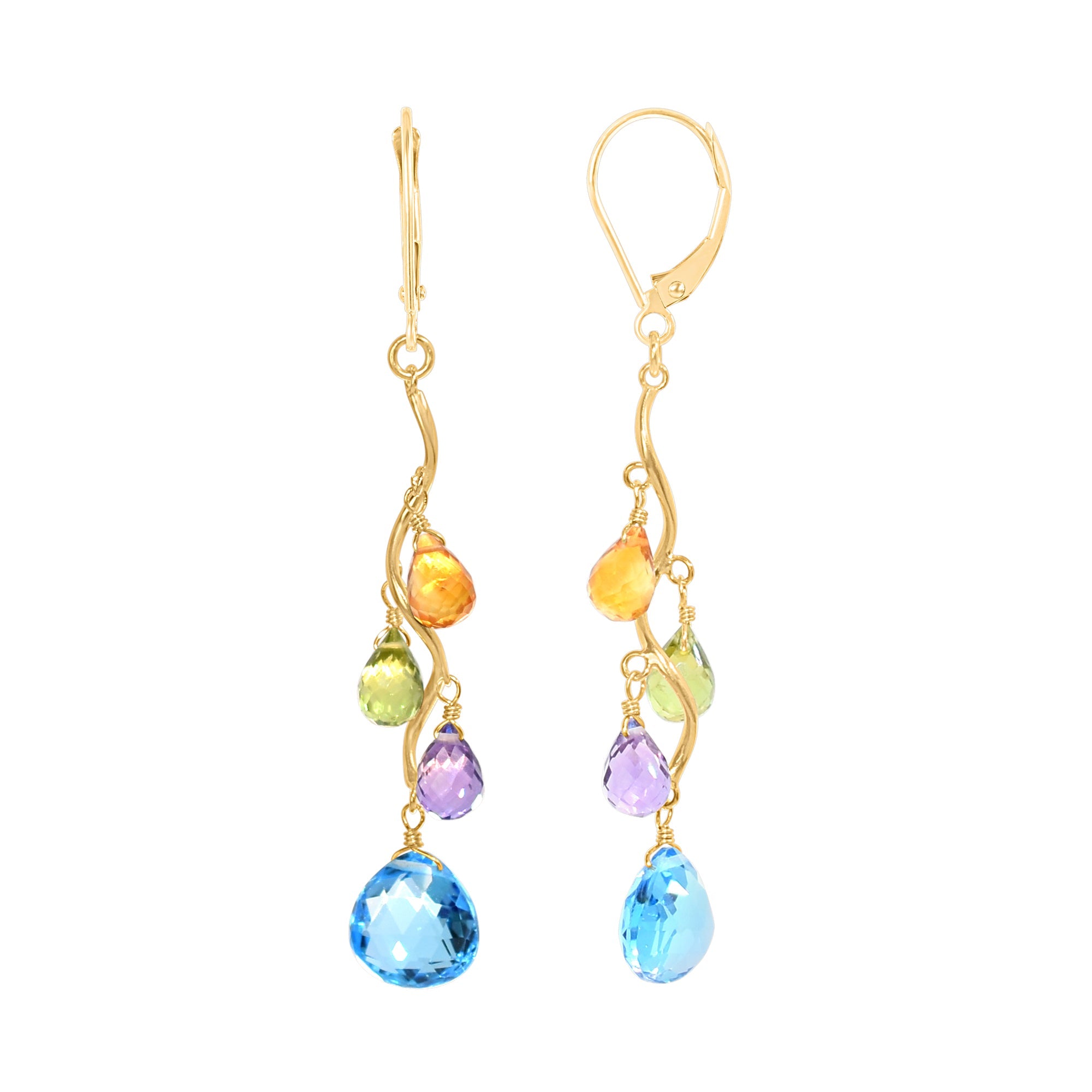 14k Multi Gemstone Wavy Drop Leverback Earring