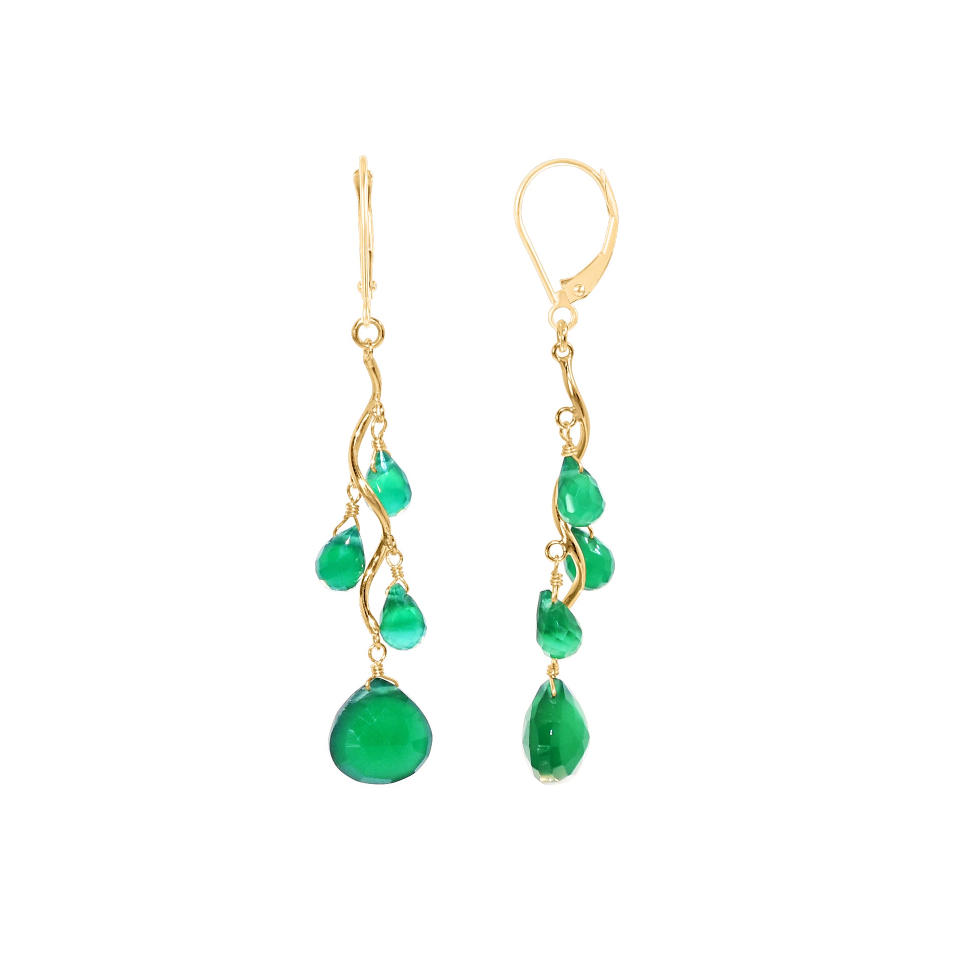 14k Gesmtone Wavy Drop Leverback Earring Green Onyx