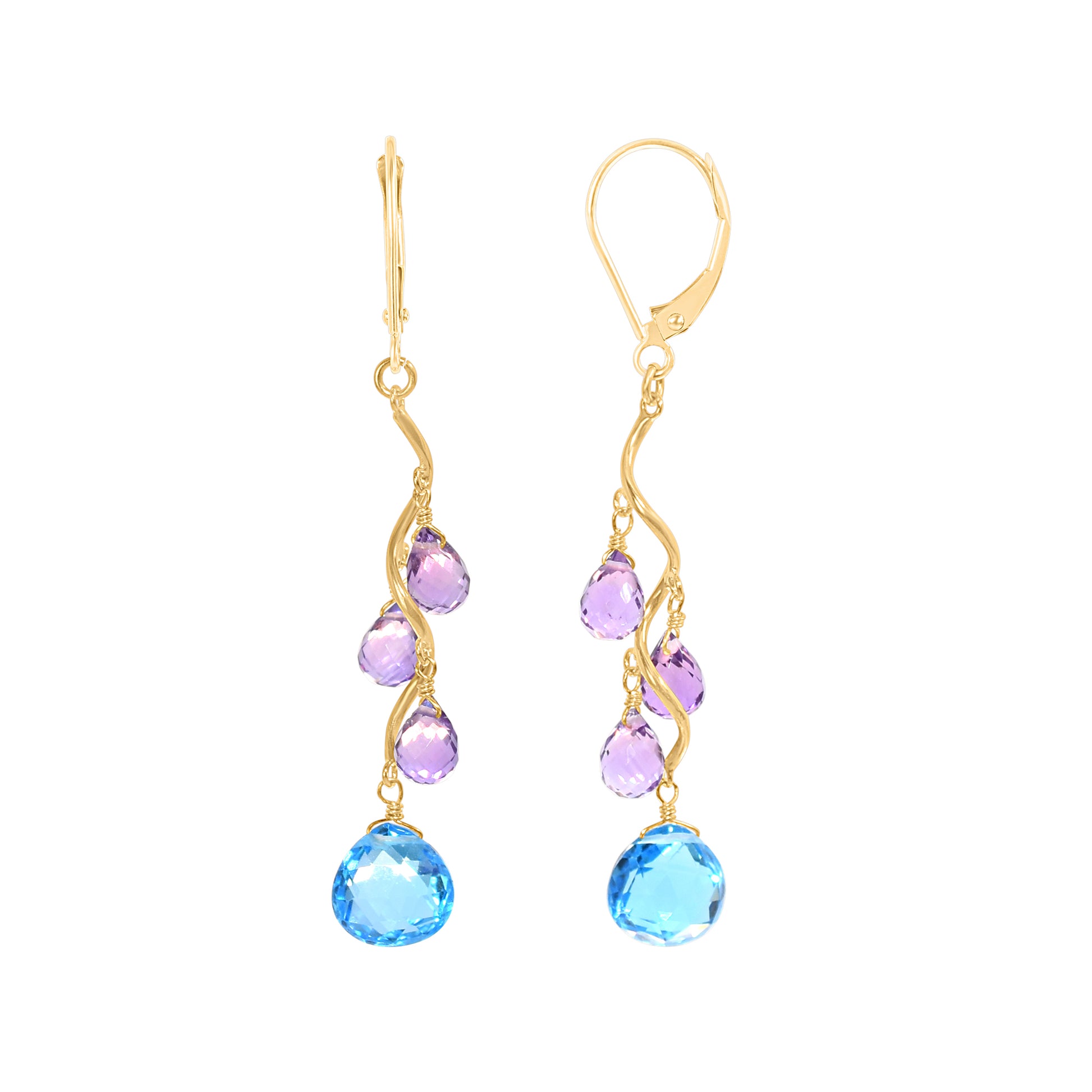 14k Gesmtone Wavy Drop Leverback Earring Amethyst & Swiss Blue Topaz