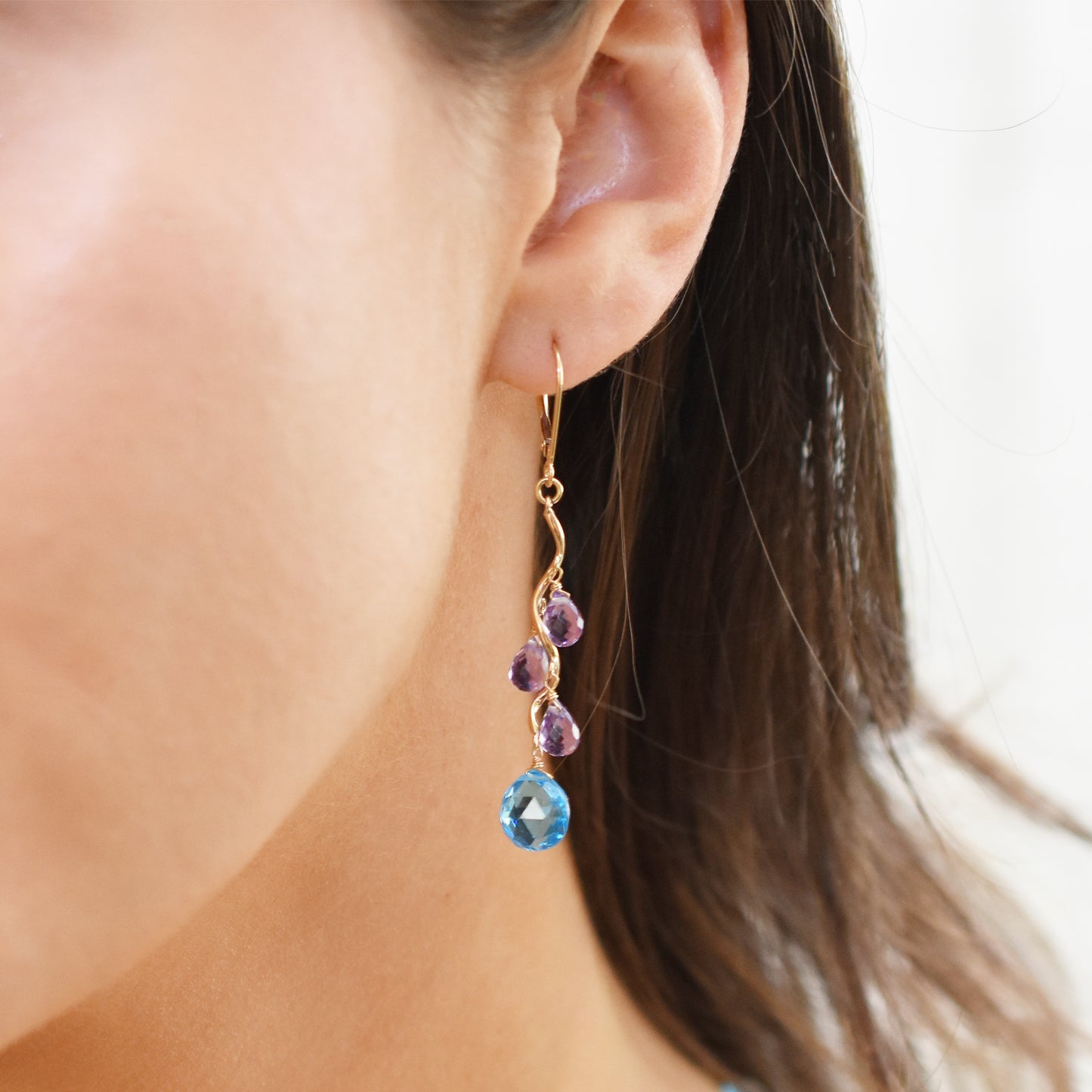 14k Gesmtone Wavy Drop Leverback Earring Amethyst & Swiss Blue Topaz