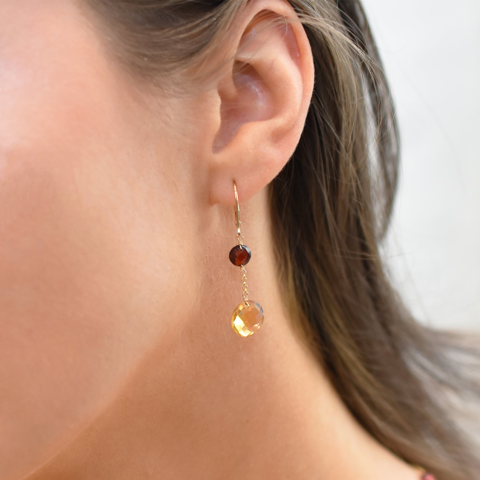 14k Two Gemstone Coin Dangle Leverback Earring Garnet & Citrine
