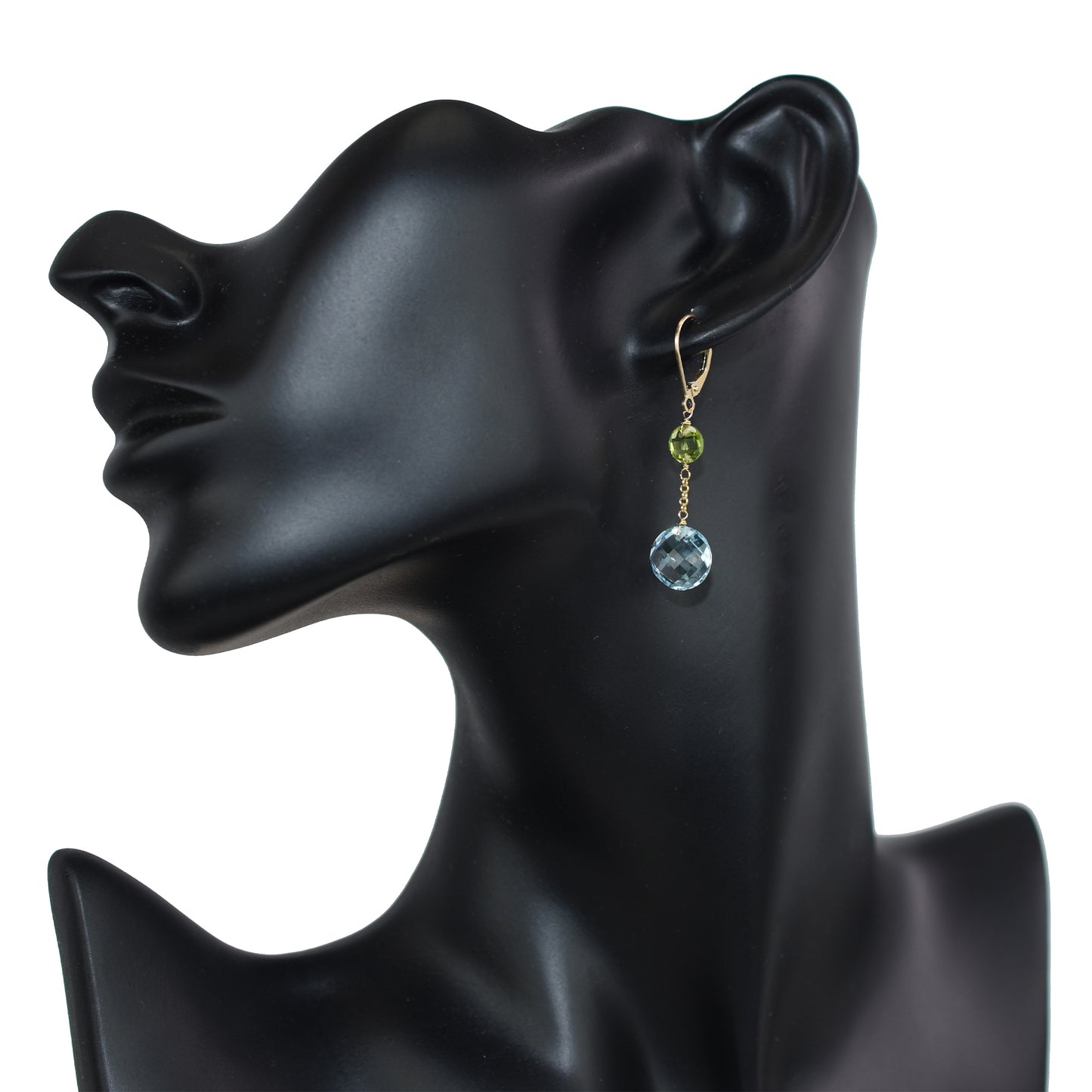 14k Two Gemstone Coin Dangle Leverback Earring Peridot & Blue Topaz