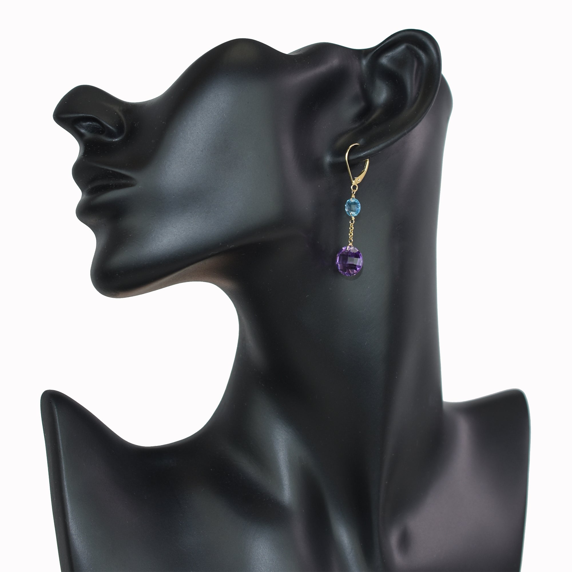 14k Two Gemstone Coin Dangle Leverback Earring Swiss Blue Topaz & Amethyst