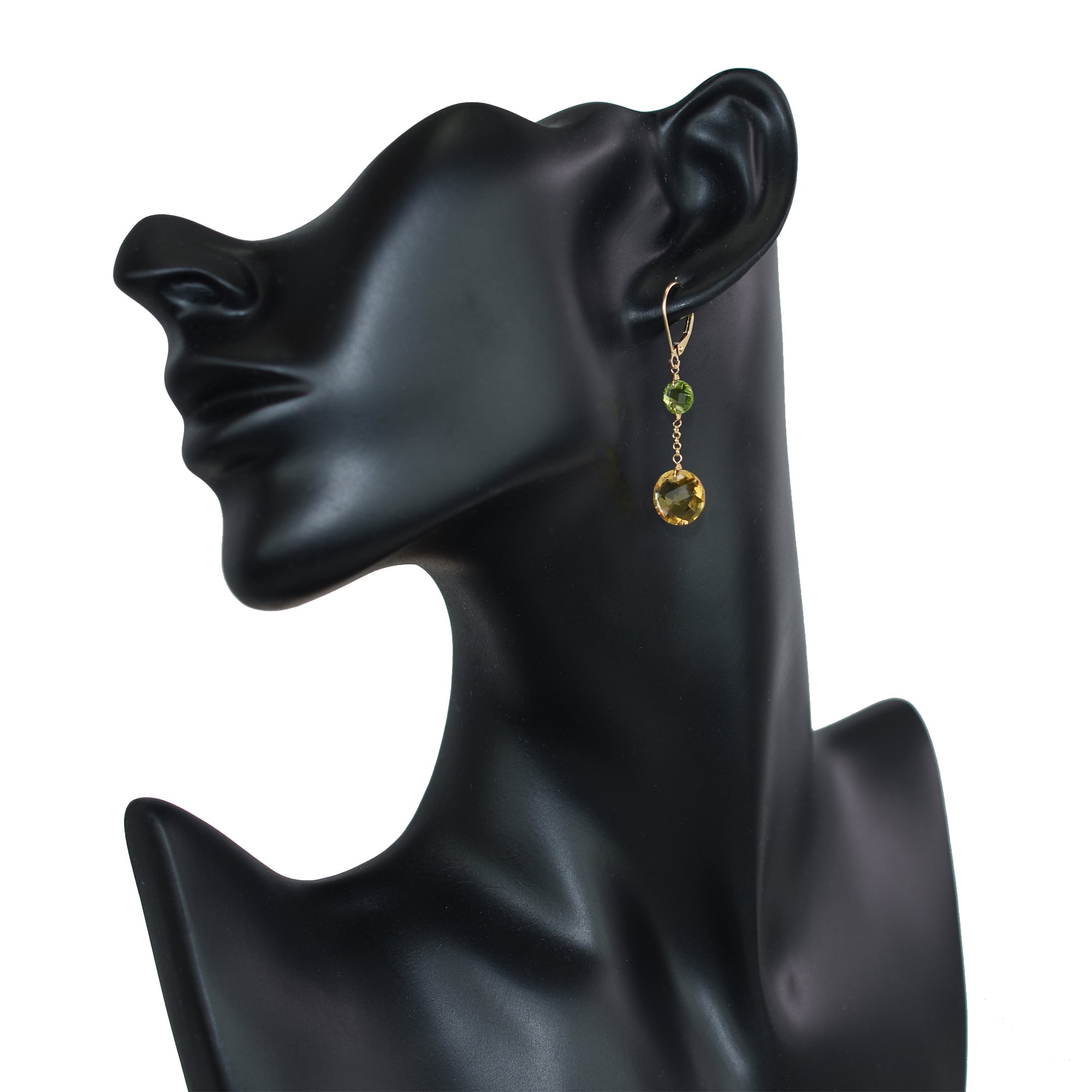 14k Two Gemstone Coin Dangle Leverback Earring Peridot & Citrine