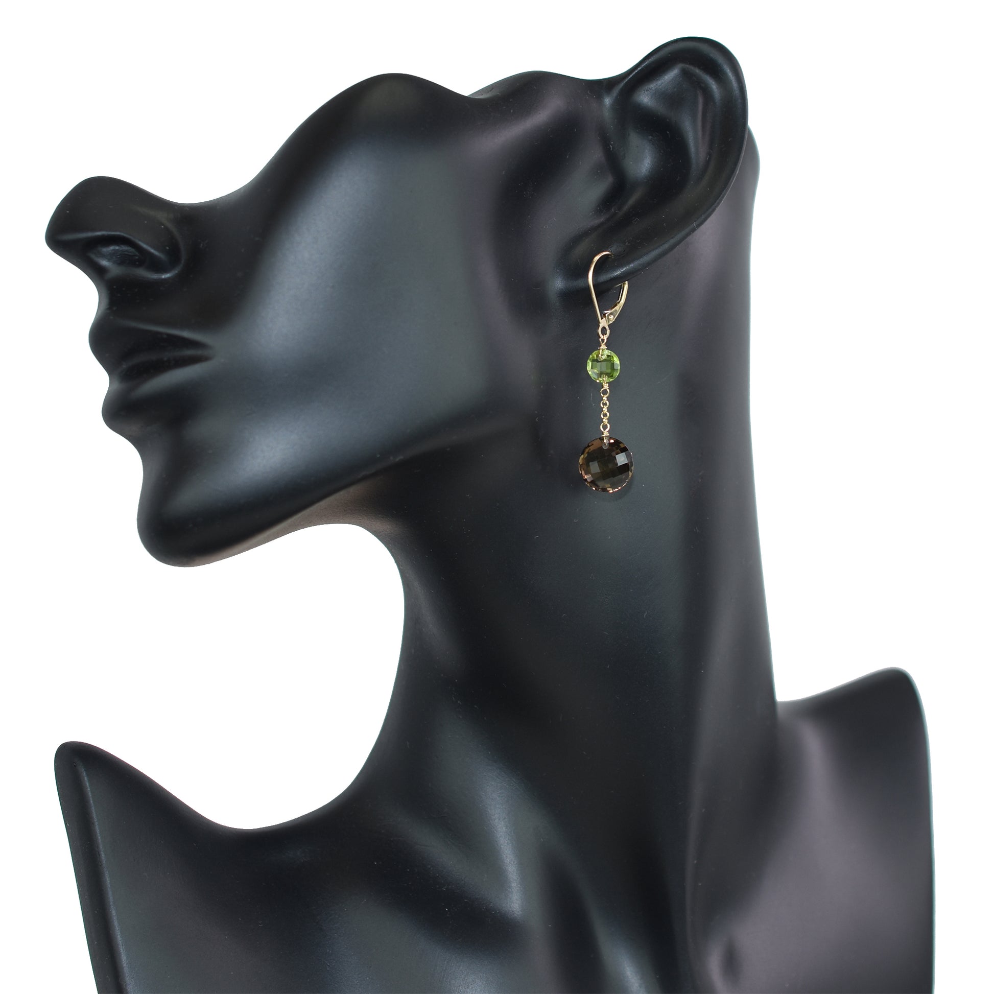 14k Two Gemstone Coin Dangle Leverback Earring Peridot & Smoky Quartz
