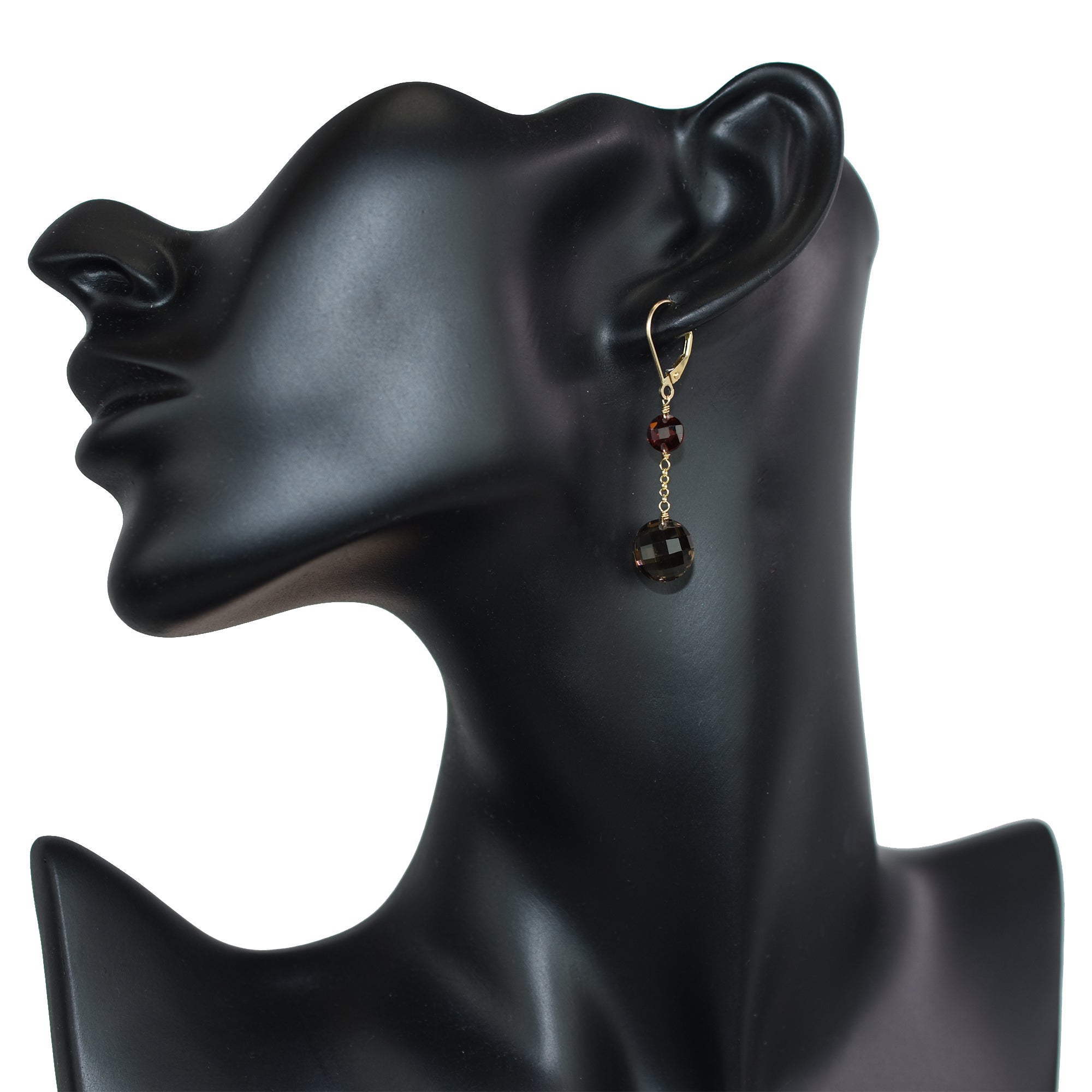 14k Two Gemstone Coin Dangle Leverback Earring Garnet & Smoky Quartz