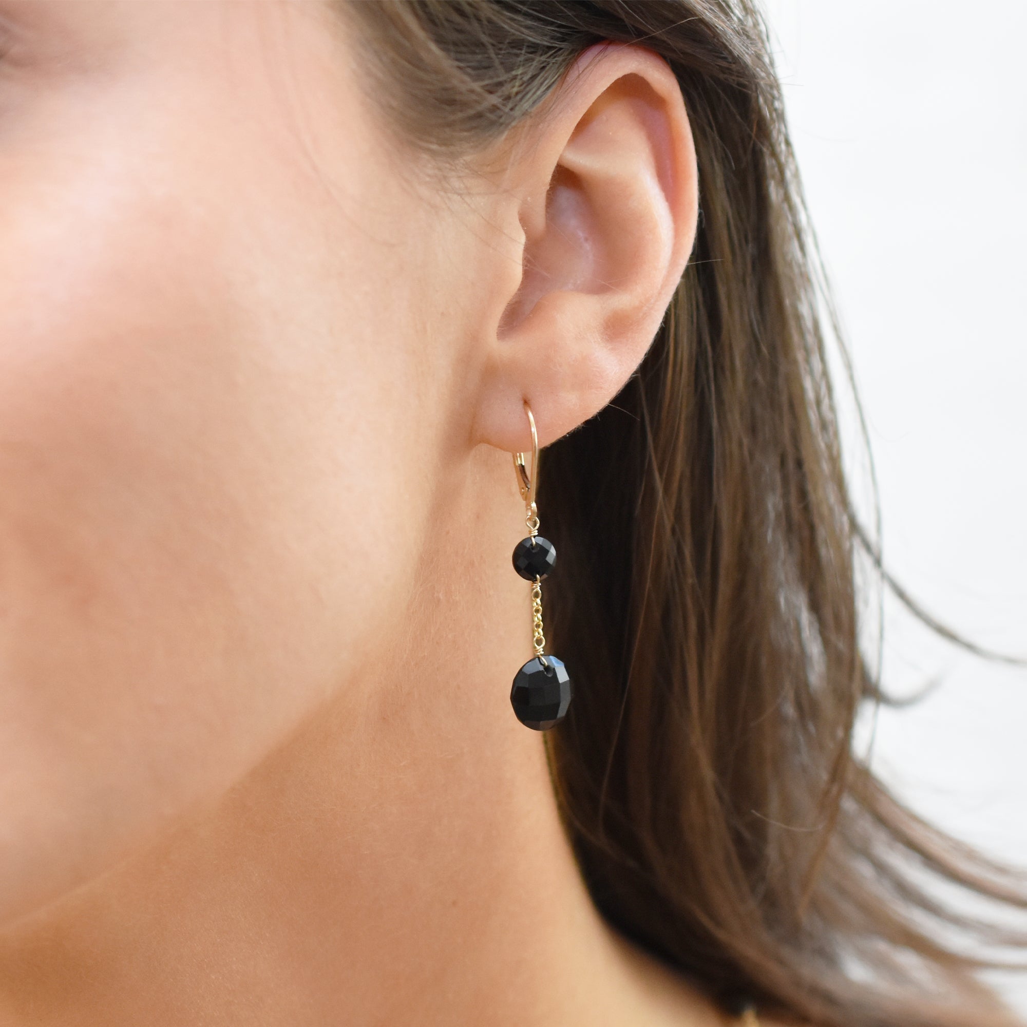 14k Two Gemstone Coin Dangle Leverback Earring Black Onyx