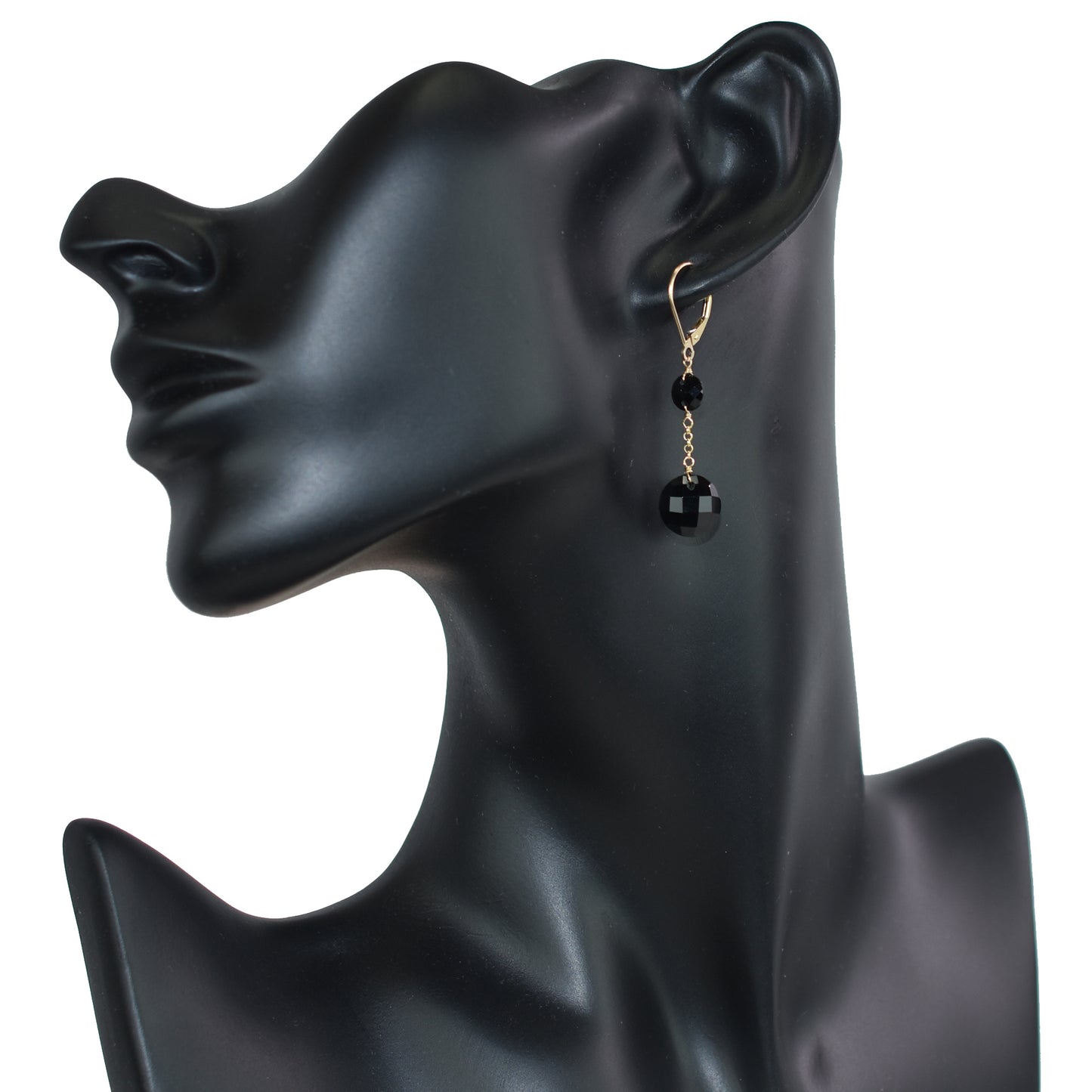 14k Two Gemstone Coin Dangle Leverback Earring Black Onyx