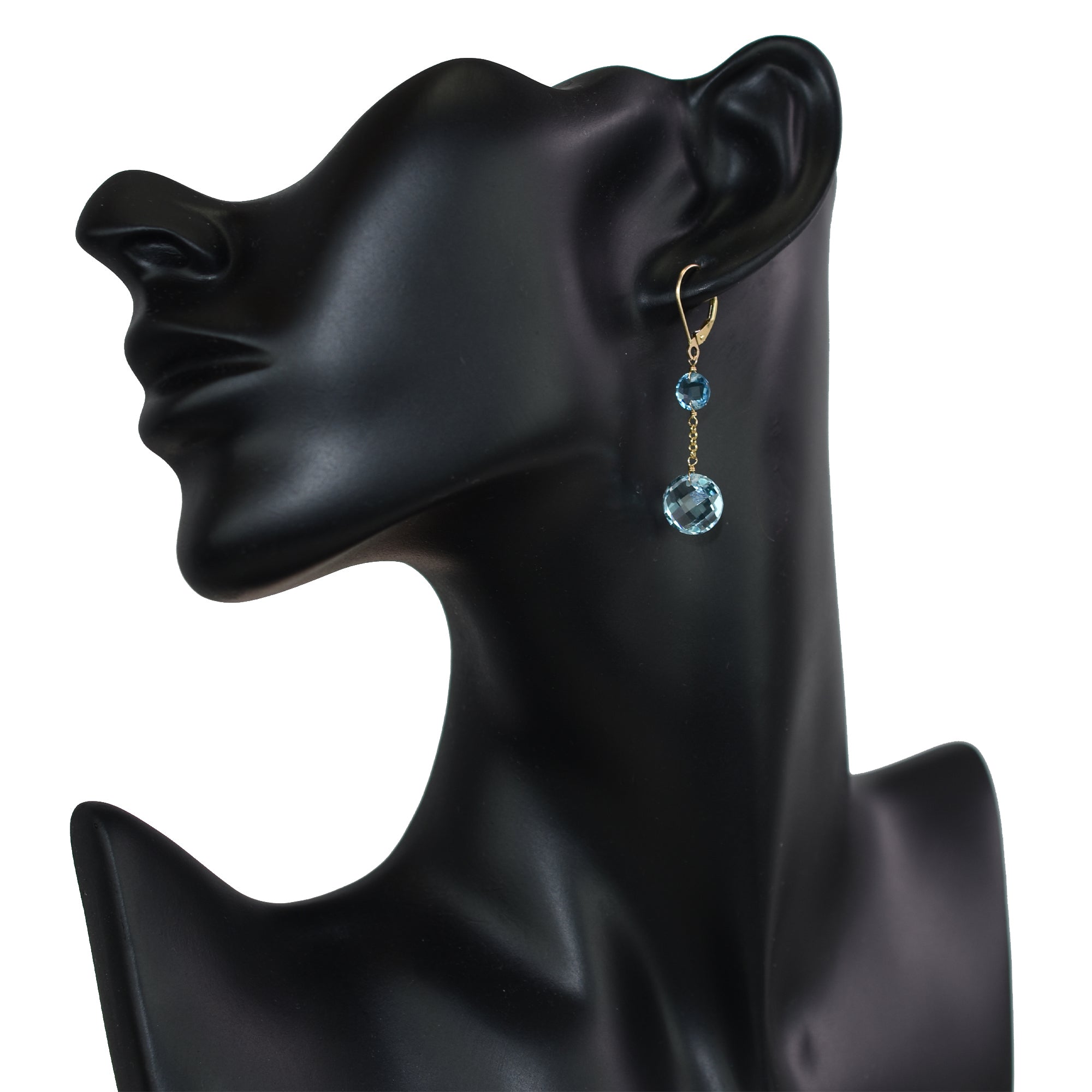 14k Two Gemstone Coin Dangle Leverback Earring Swiss & Sky Blue Topaz