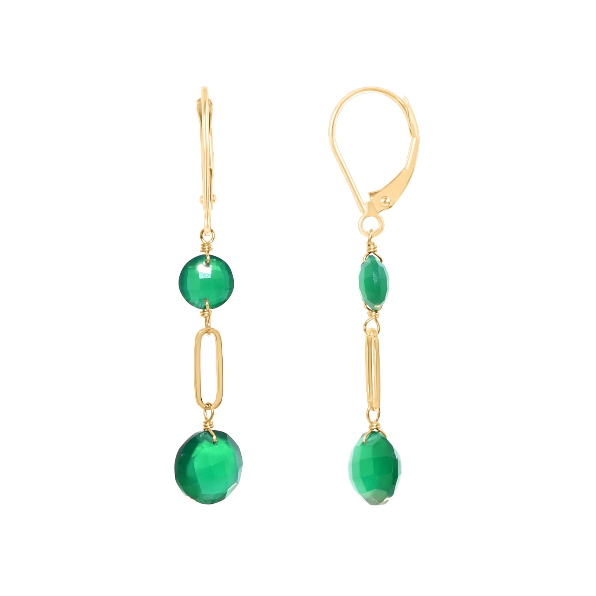 14k Gemstones Coin Shape  Leverback Earring Green Onyx