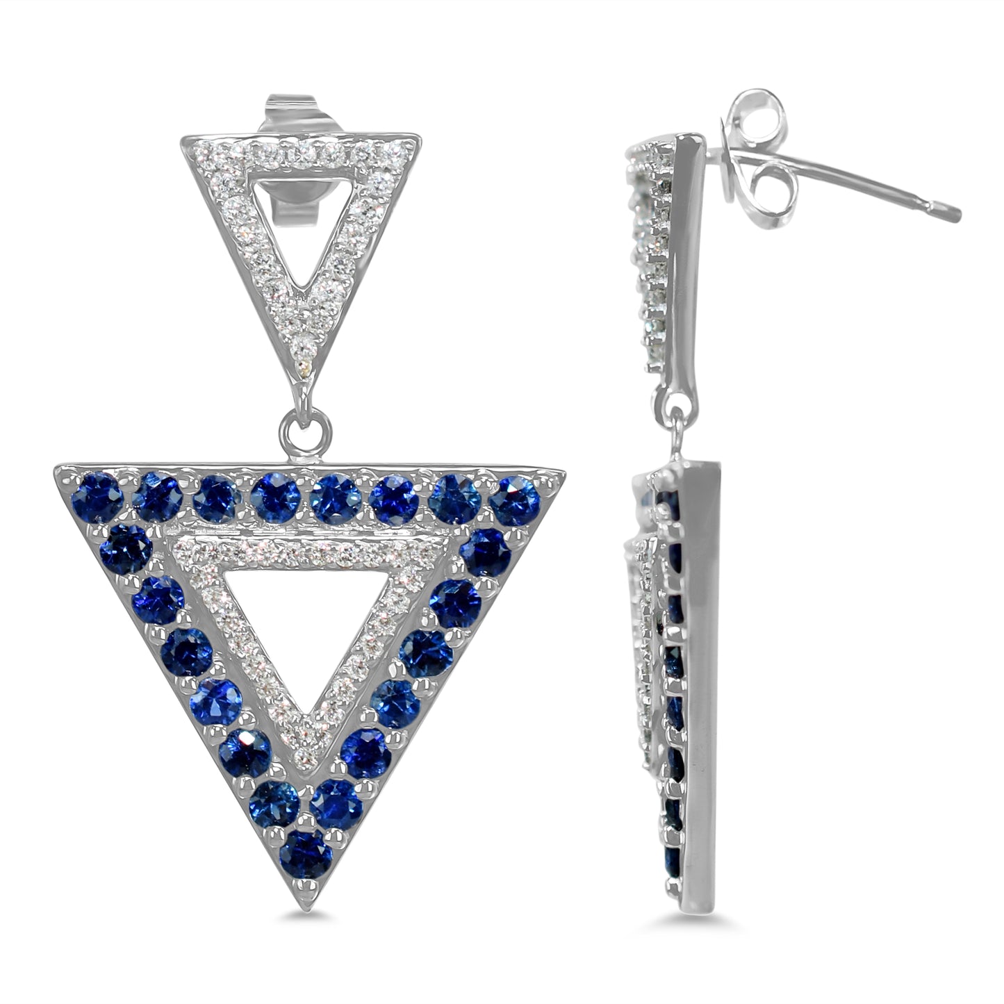 14k White Sapphire Diamond Triangle Dangle Post Earring