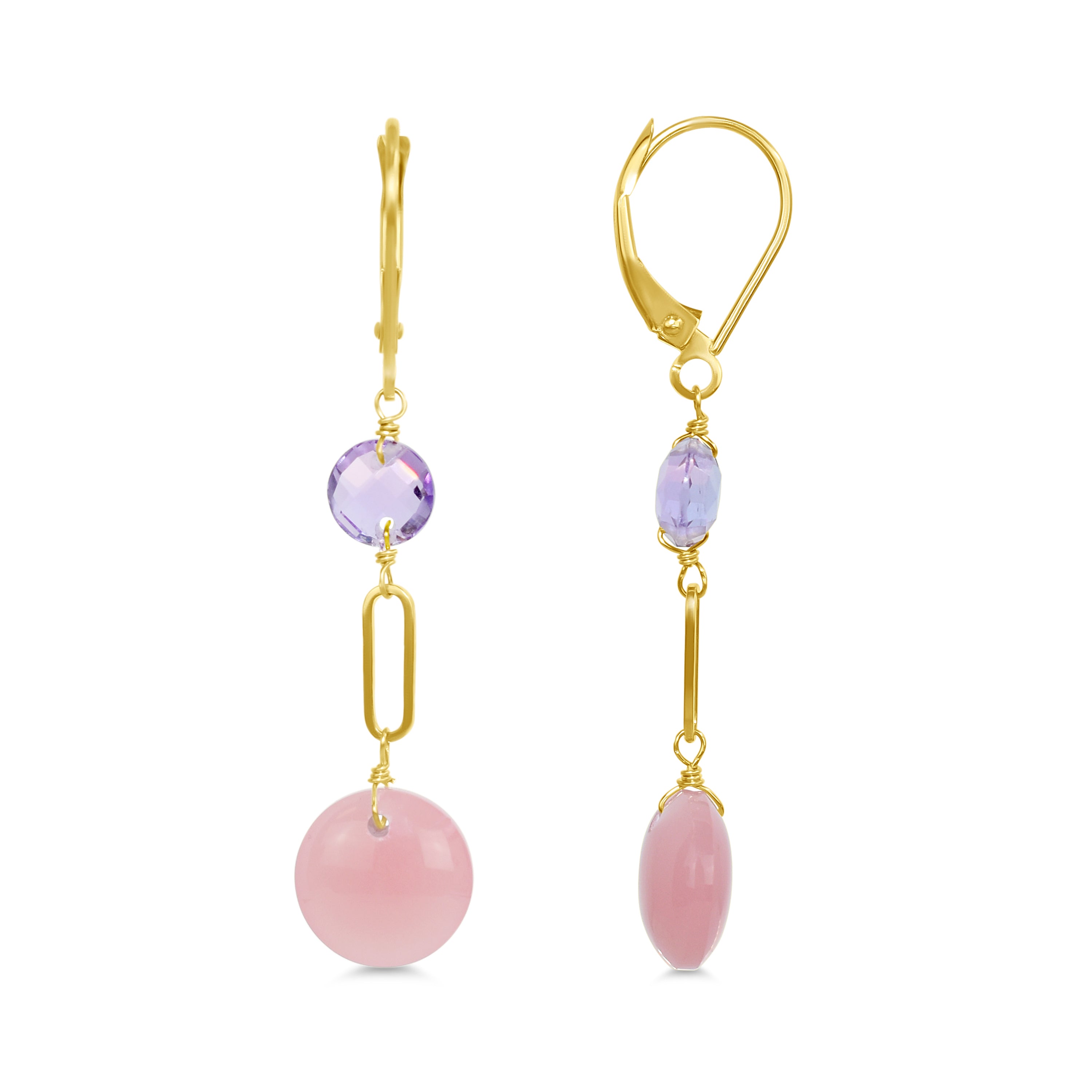 14k Gemstones Coin Shape  Leverback Earring Amethyst & Guava Quartz