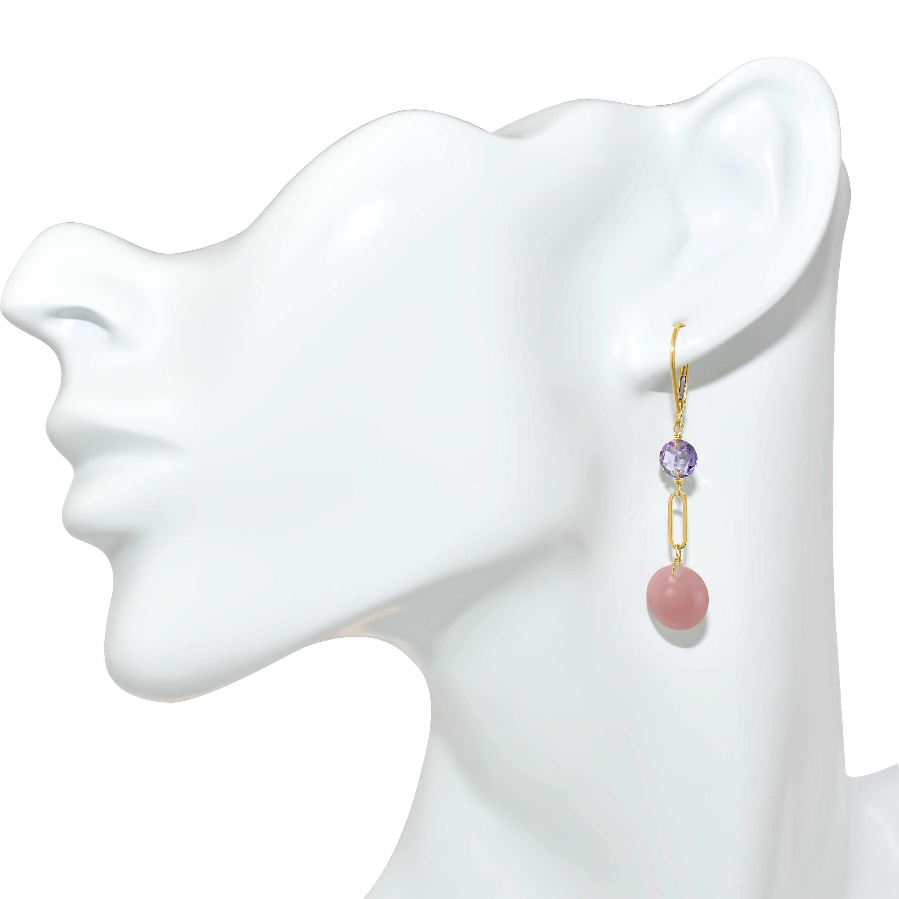 14k Gemstones Coin Shape  Leverback Earring Amethyst & Guava Quartz