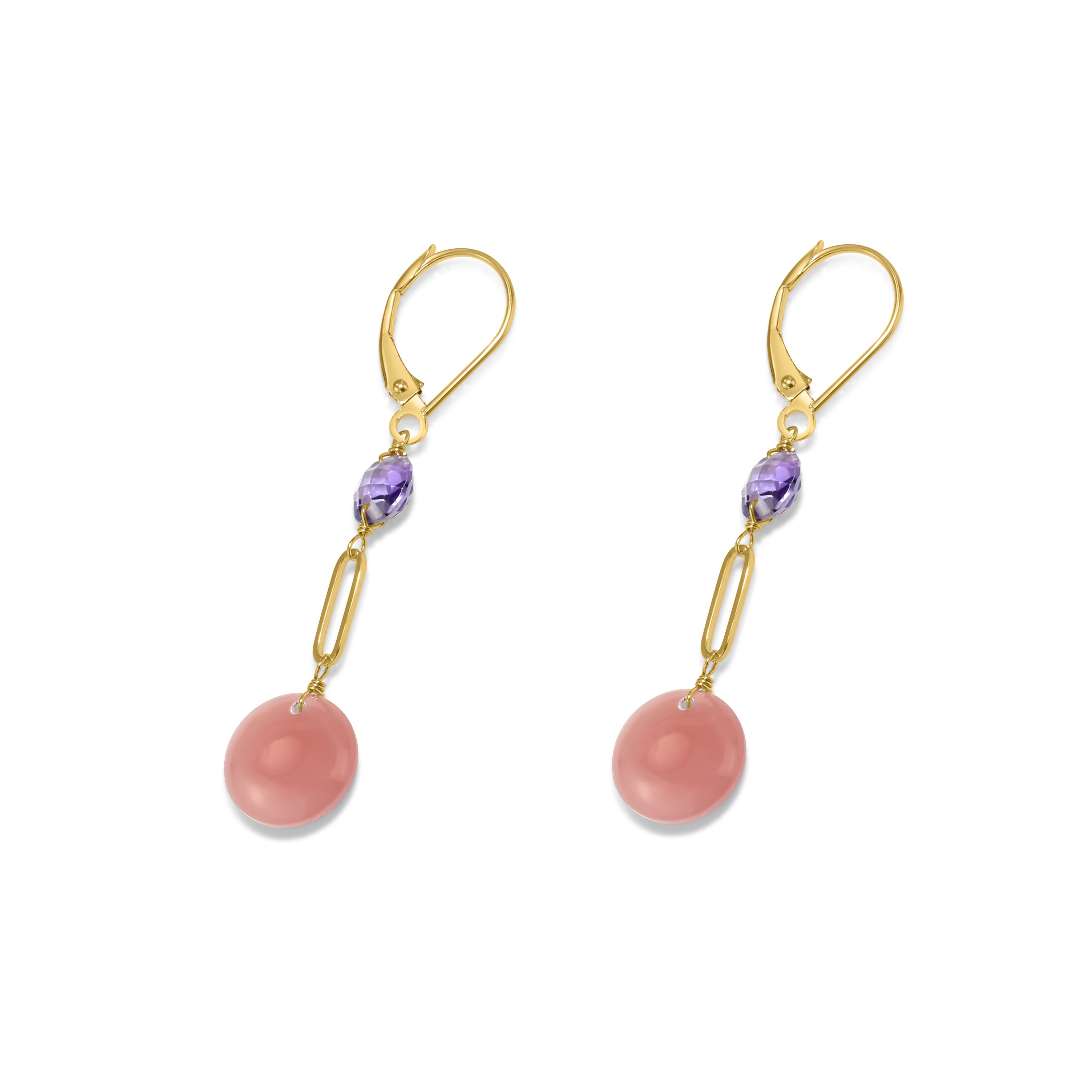 14k Gemstones Coin Shape  Leverback Earring Amethyst & Guava Quartz