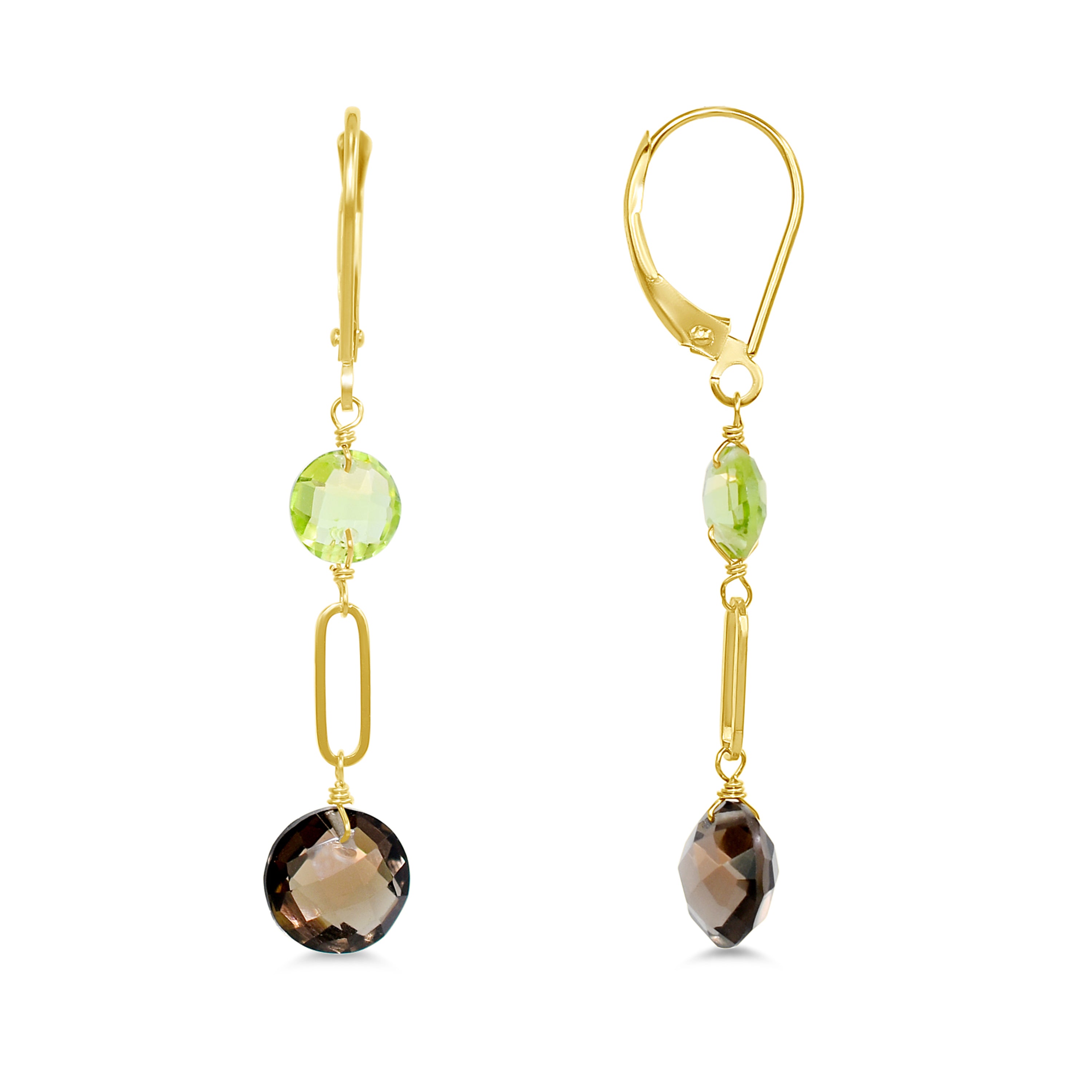 14k Gemstones Coin Shape  Leverback Earring Peridot & Smoky Quartz