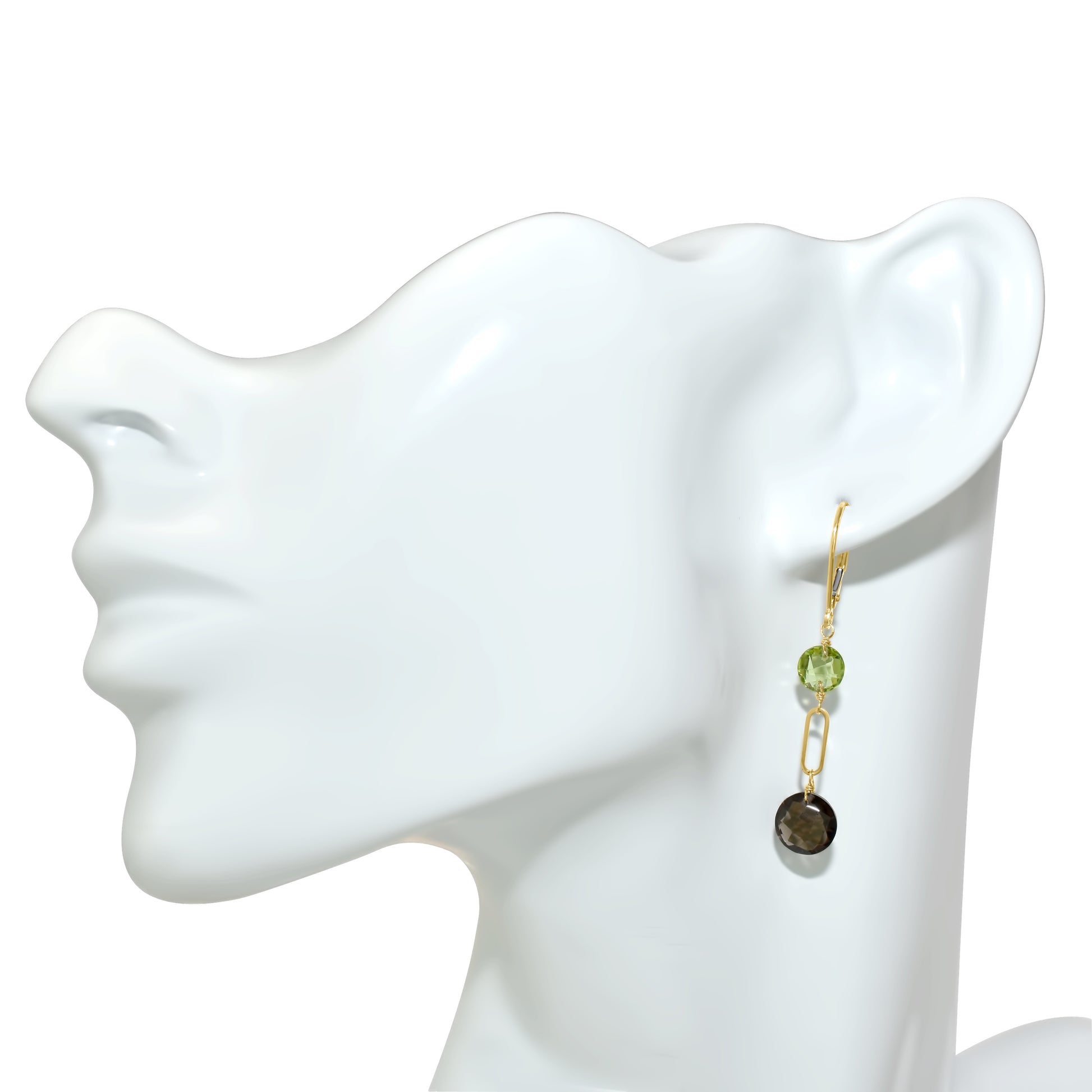 14k Gemstones Coin Shape  Leverback Earring Peridot & Smoky Quartz