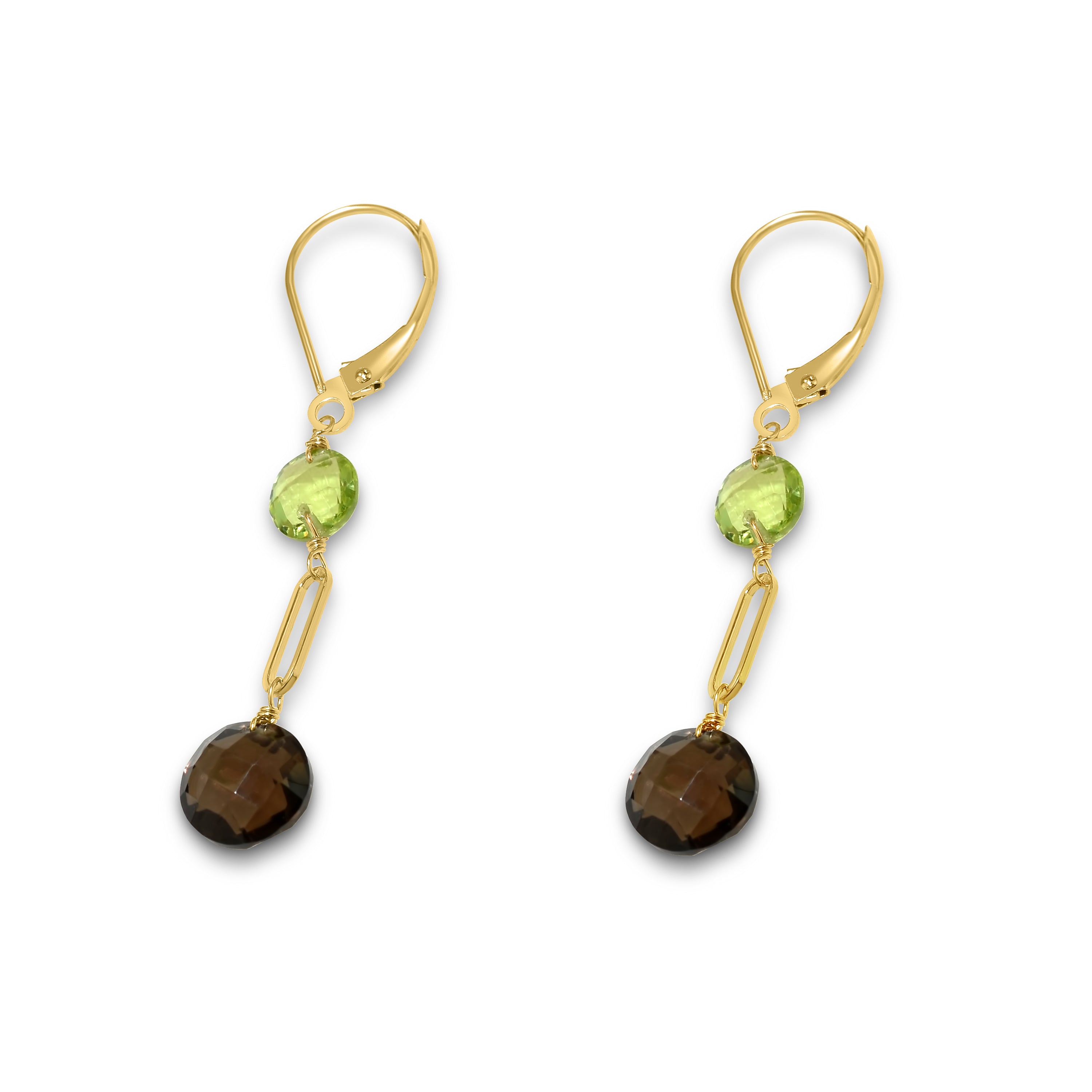 14k Gemstones Coin Shape  Leverback Earring Peridot & Smoky Quartz