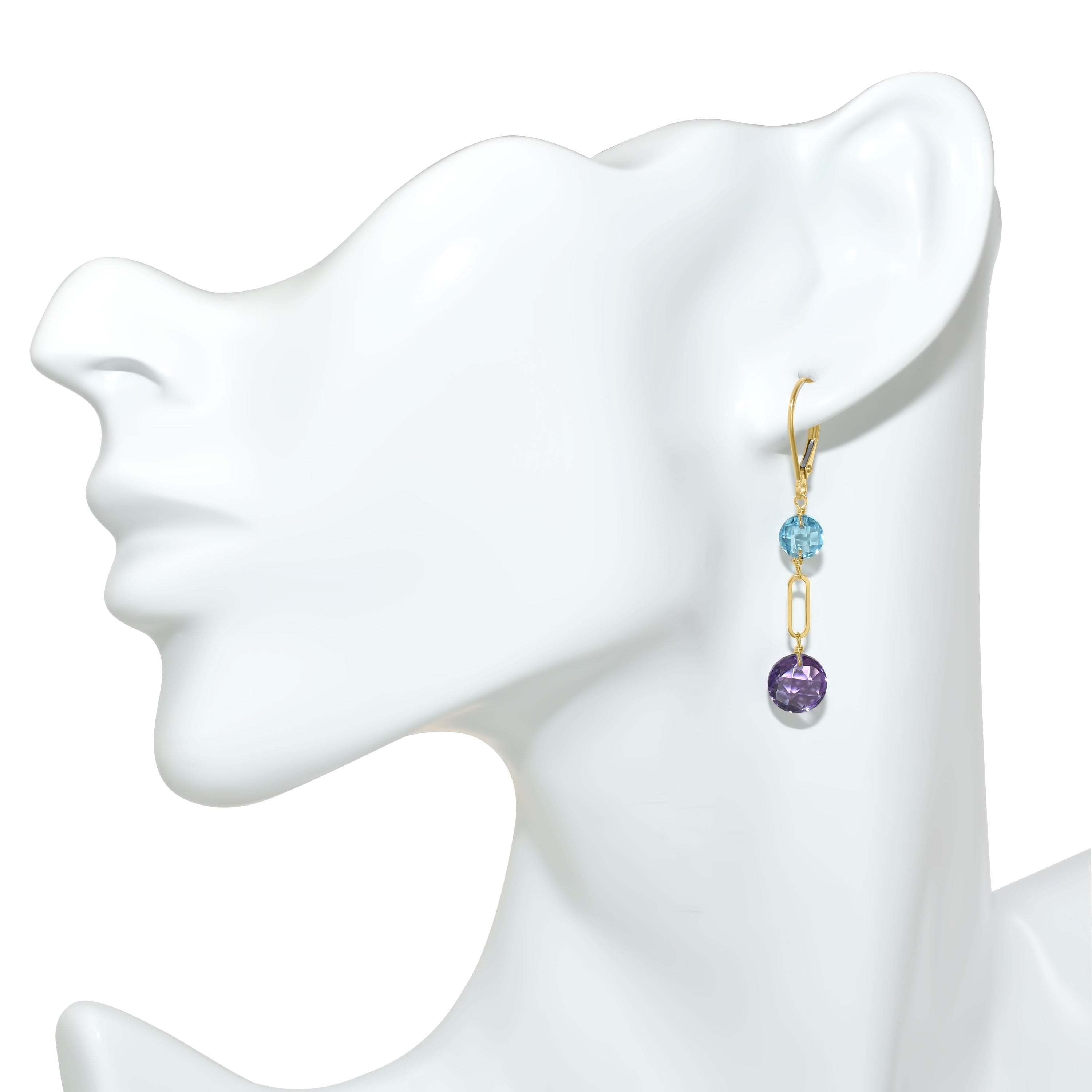 14k Gemstones Coin Shape  Leverback Earring Swiss Blue Topaz & Amethyst