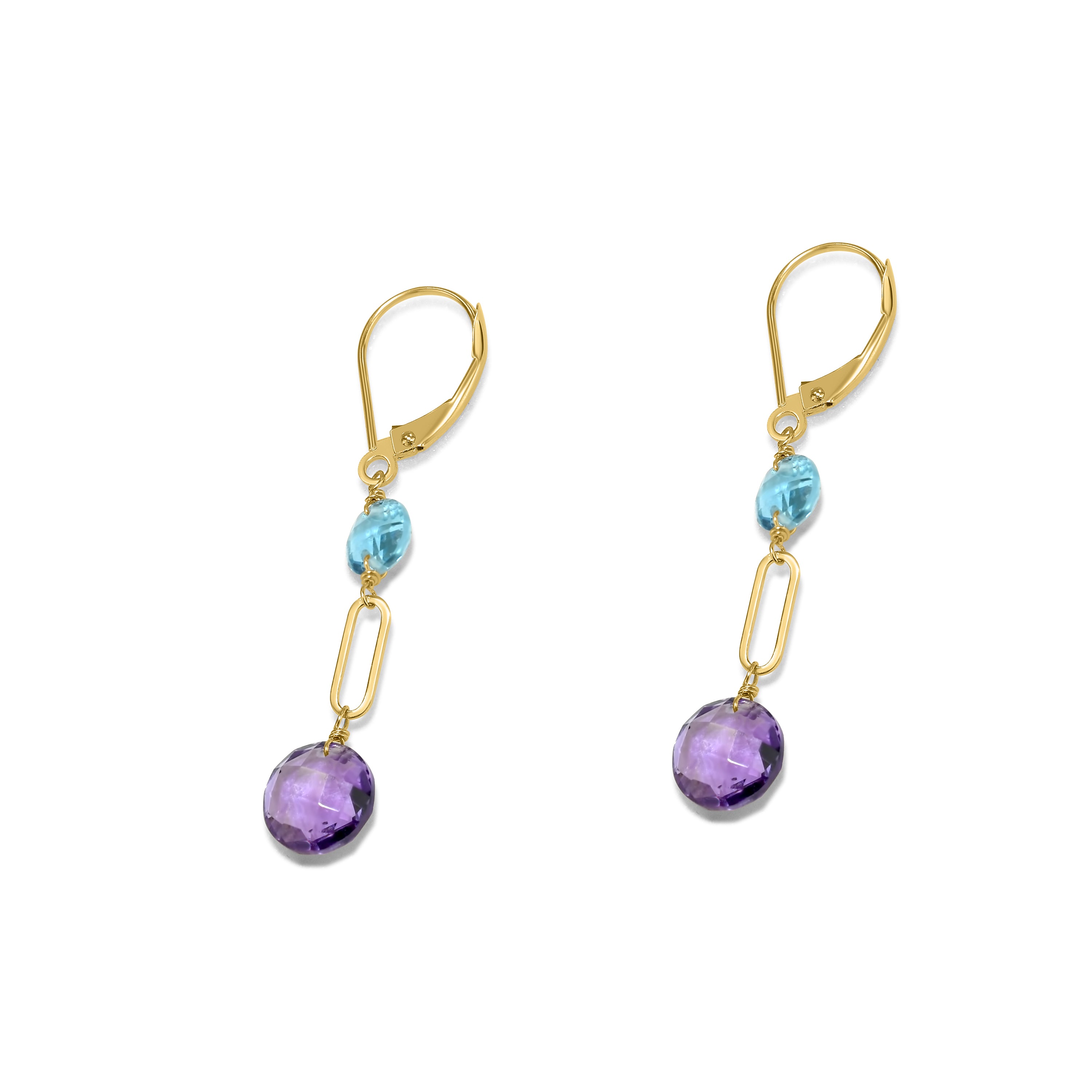 14k Gemstones Coin Shape  Leverback Earring Swiss Blue Topaz & Amethyst